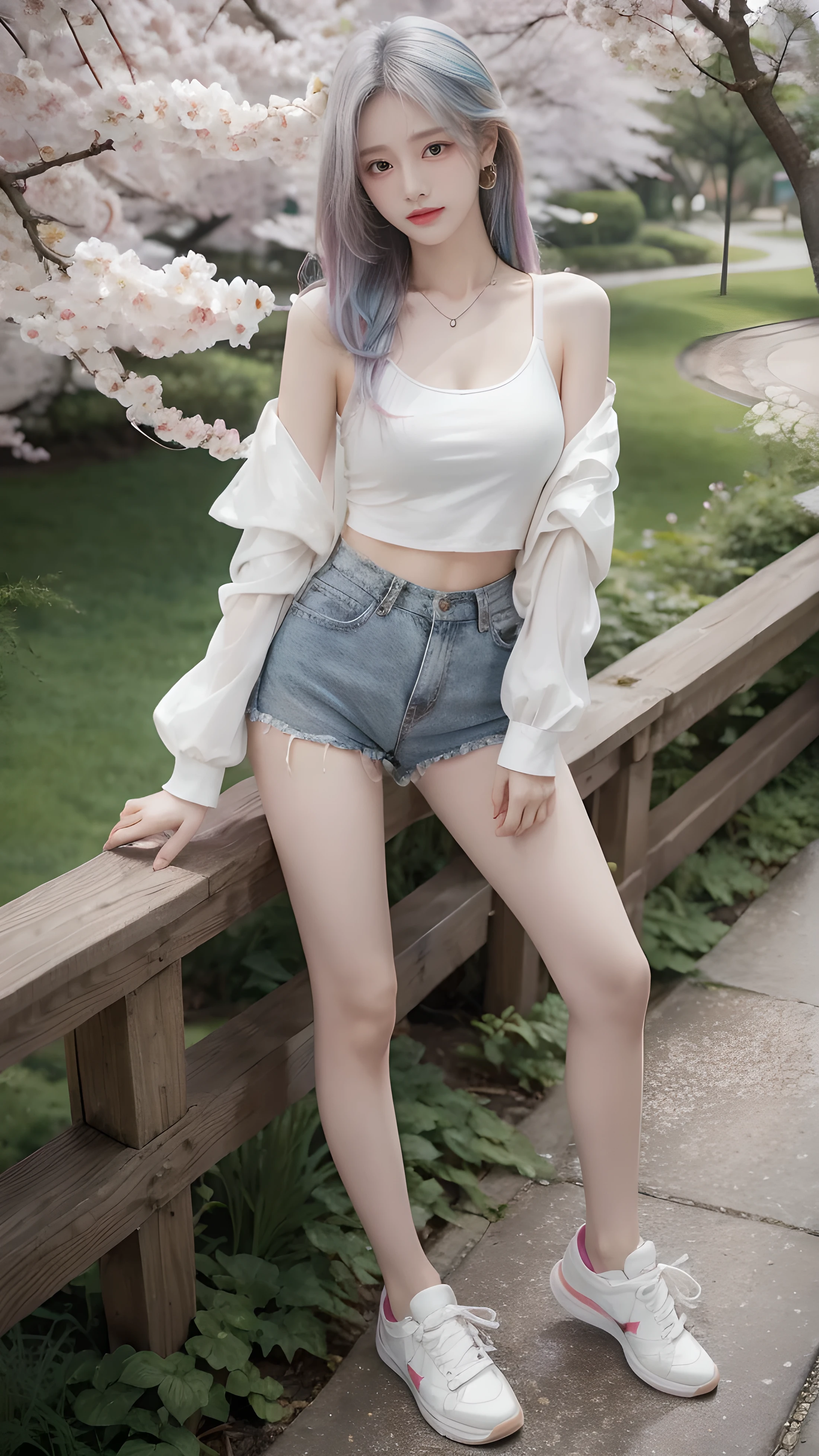 maximum resolution, Very Detailed , 1 girl, Looking at the viewer , Very Long Hair , white hair, rainbow hair , Multicolored hair, Seductive expression, Dark Makeup, Aperture F2.8, Multi View Image , outdoor, Women's Chest Show Top,Skinny Leather Shorts , sneakers ,Slim legs,stand, park,Cherry blossom tree,Flowers Full Garden , body movement repair,windy,necklace,earring,