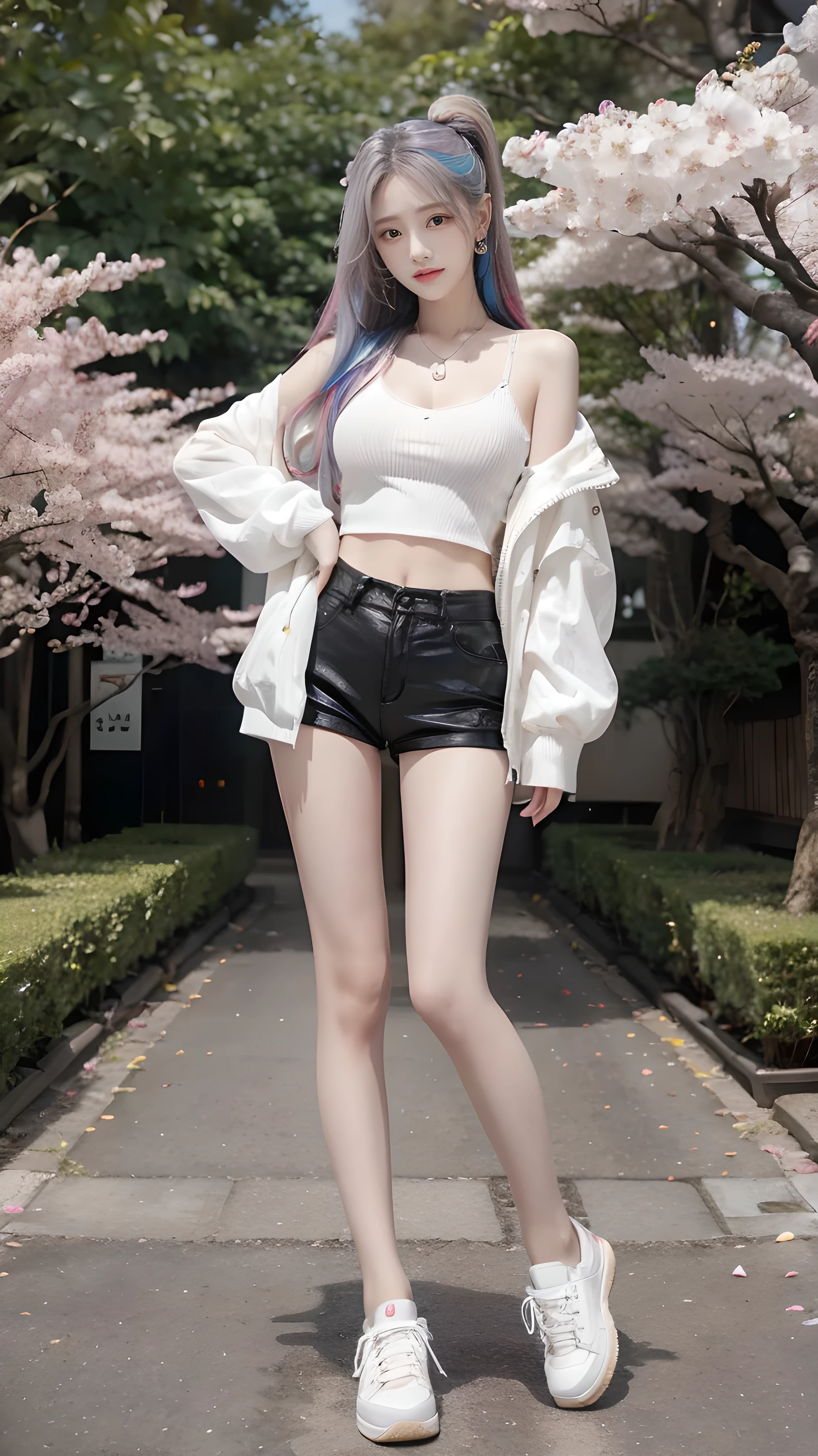  maximum resolution,  Very Detailed ,  1 girl,  Looking at the viewer ,  Very Long Hair ,  white hair,  rainbow hair , Multicolored hair, Seductive expression,  Dark Makeup, Aperture F2.8,  Multi View Image , outdoor, Women's Chest Show Top,Skinny Leather Shorts , sneakers ,Slim legs,stand, park,Cherry blossom tree,Flowers Full Garden , body movement repair,windy,necklace,earring,