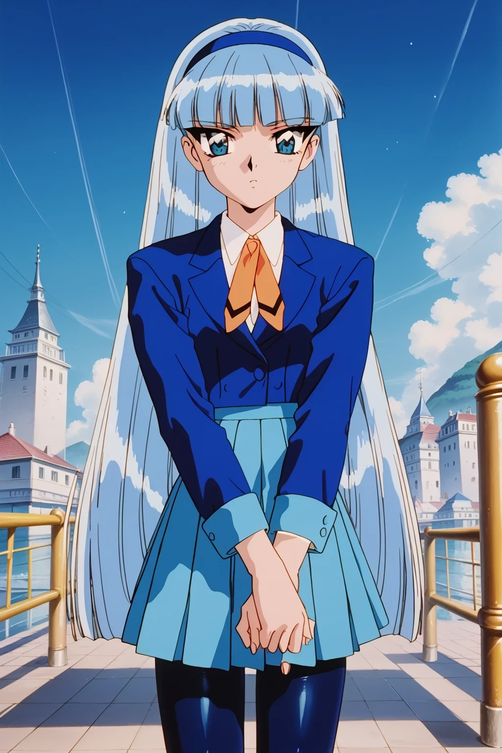 score_9,score_8_up,score_7_up,score_6_up,score_5_up,score_4_up,source_anime,(solo:1.5), masterpiece,highest quality,Super detailed,8k,High resolution,an extremely delicate and beautiful,Official Art,Perfect Anatomy,1990s \(style\),90s anime,90s anime style,retro artstyle,Cel-shaded anime,anime screencap,anime coloring,perfect face,beautiful,sexy,athletic body,shiny skin,(scale to fit the dimensions:1.2), AEUmiDef, blue eyes, blue hair, blunt bangs, long hair, blue hairband, school uniform, blazer, blue jacket, long sleeves, collared shirt, orange ribbon, white shirt, blue skirt, pleated skirt, black pantyhose, blue footwear, boots,