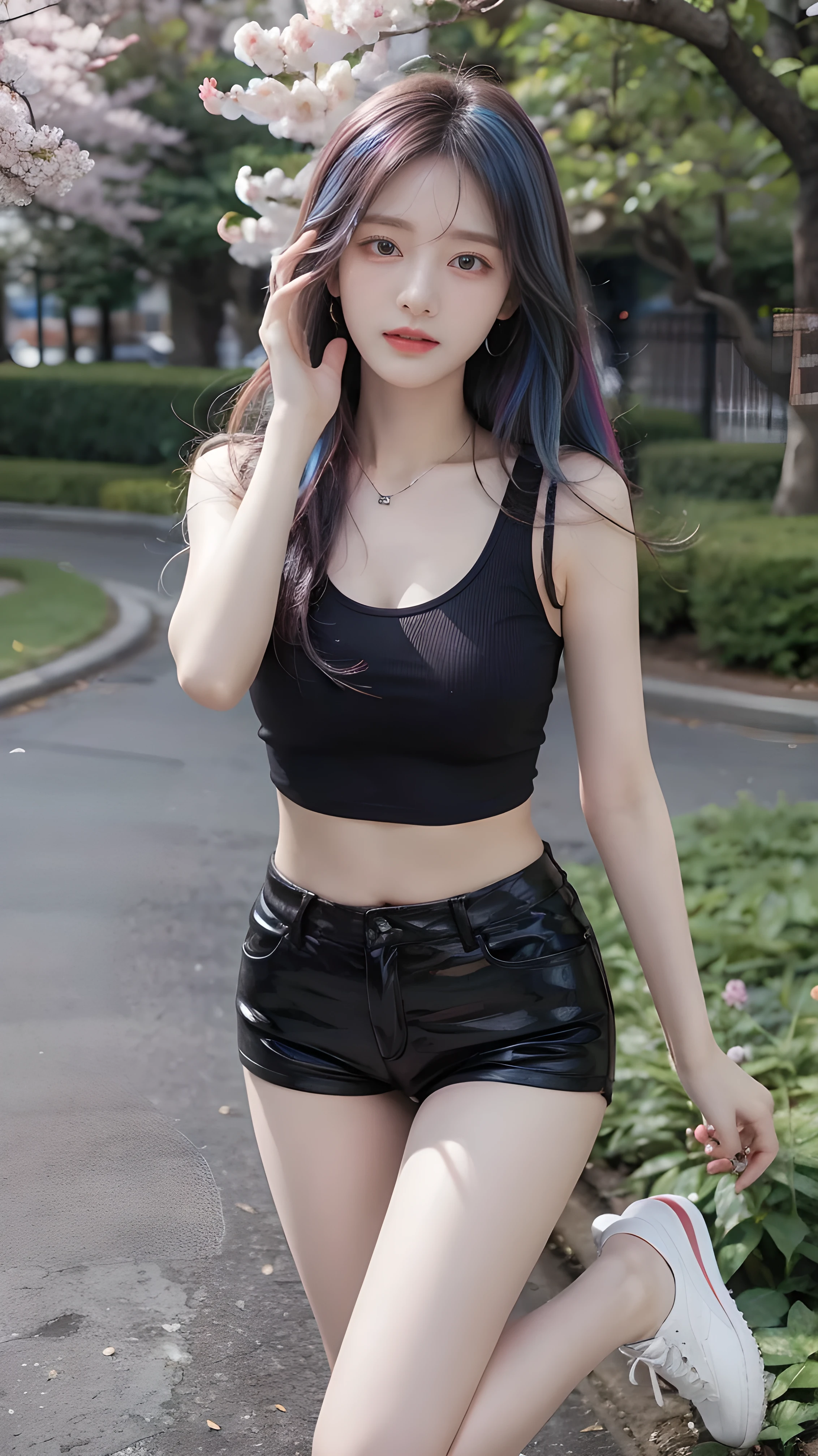 maximum resolution, Very Detailed , 1 girl, Looking at the viewer , Very Long Hair , white hair, rainbow hair , Multicolored hair, Seductive expression, Dark Makeup, Aperture F2.8, Multi View Image , outdoor, Bust Show Women's Tops, Leather Tight Shorts , sneakers ,Slim legs,stand, park,Cherry blossom tree,Flowers Full Garden , Body Movement ,windy,necklace,earring,