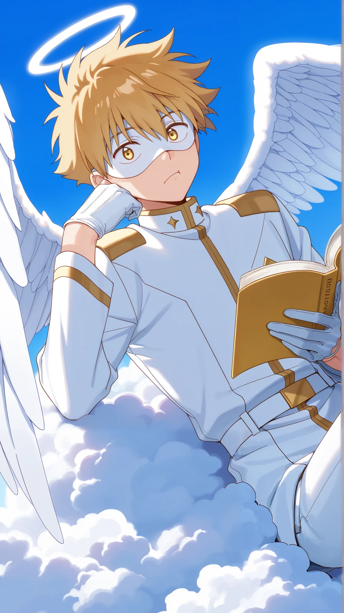 Full pure White hero masked men anime, solo, male focus,white angle uniform,white mask,white eye mask,glove,angel,1boy,male focus,big white angel wing,angel halo,golden eyes,day sky clouds heaven bankground,inuzuka shuu, blonde,male focus,playful,resting on clouds,playful,read book,