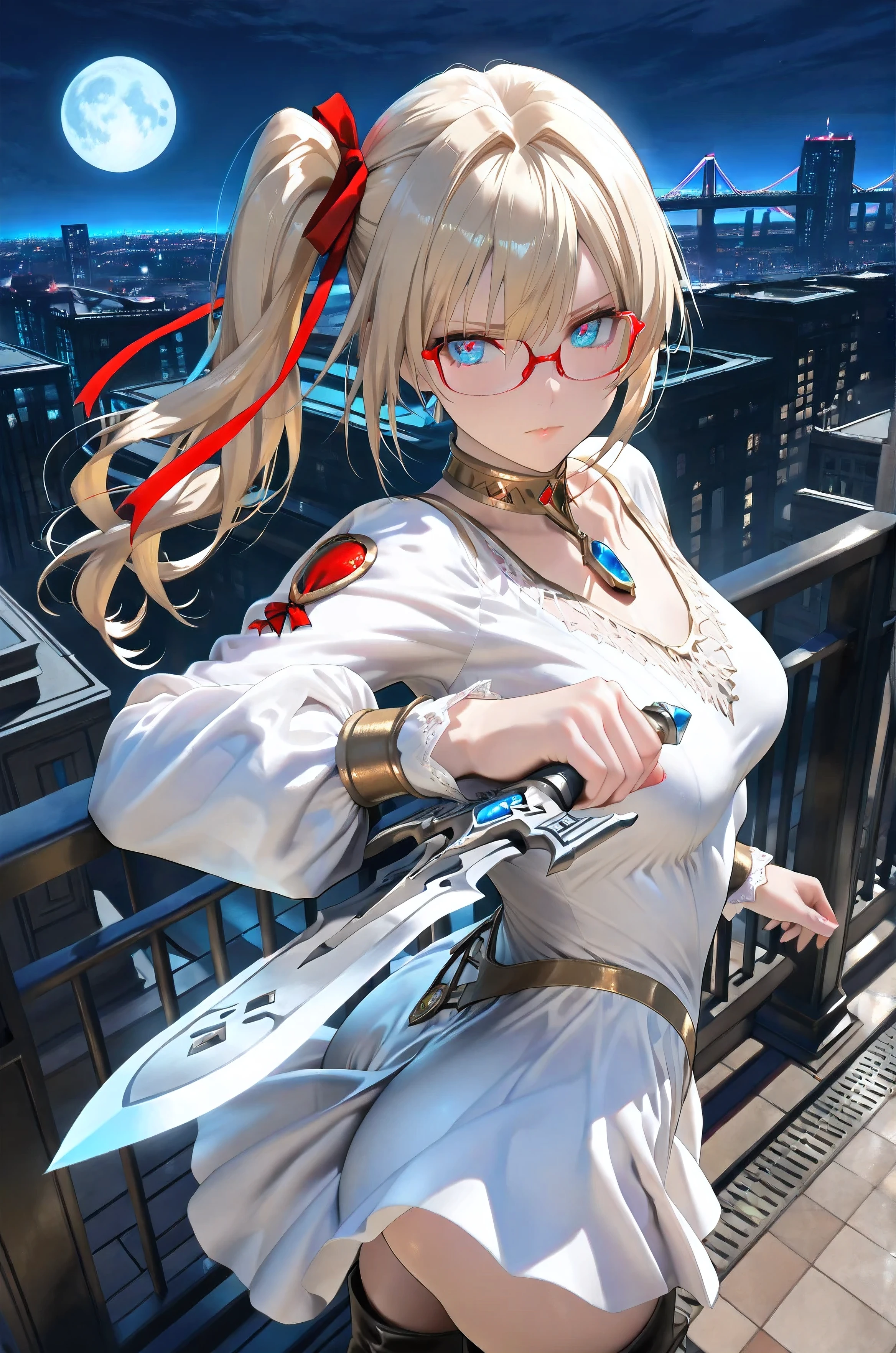 Looks about 20,(beautiful girl: 1.3),Highest quality,8k,Highly detailed CG unit wallpaper,masterpiece:1.2,top-quality,Ultra-high resolution,RAW Photos,real texture skin, photorealistic, Cinema Lighting,Huge buildings,metropolis,Big, round, beautifully shaped butt,),(Perfect hands, Perfect Anatomy), BREAK, (Medium Small breasts), Perfect Face, Symmetrical face, (glossy skin:1.6), beautiful shiny lips, solo, breack, ((Beautifully hand-drawn)), ((light Blonde)), ((white dress, long sleeves, thigh boots, toeless footwear)), ((Swaying side ponytail)), short wavy hair, hair ribbon, ((Blue Eyes)), Glowing_eye, (((eyes open))), closed mouth, (((({red slim glasses})))), BREAK, (Holding a weapon in hand, gripping silver blade knife, aiming a gripping silver blade knife, at side, from front), upper body, ((from above)), midnight sky, BREAK, bayside, high place, red (((huge))) bridge, fullmoon, choker, eye focus,