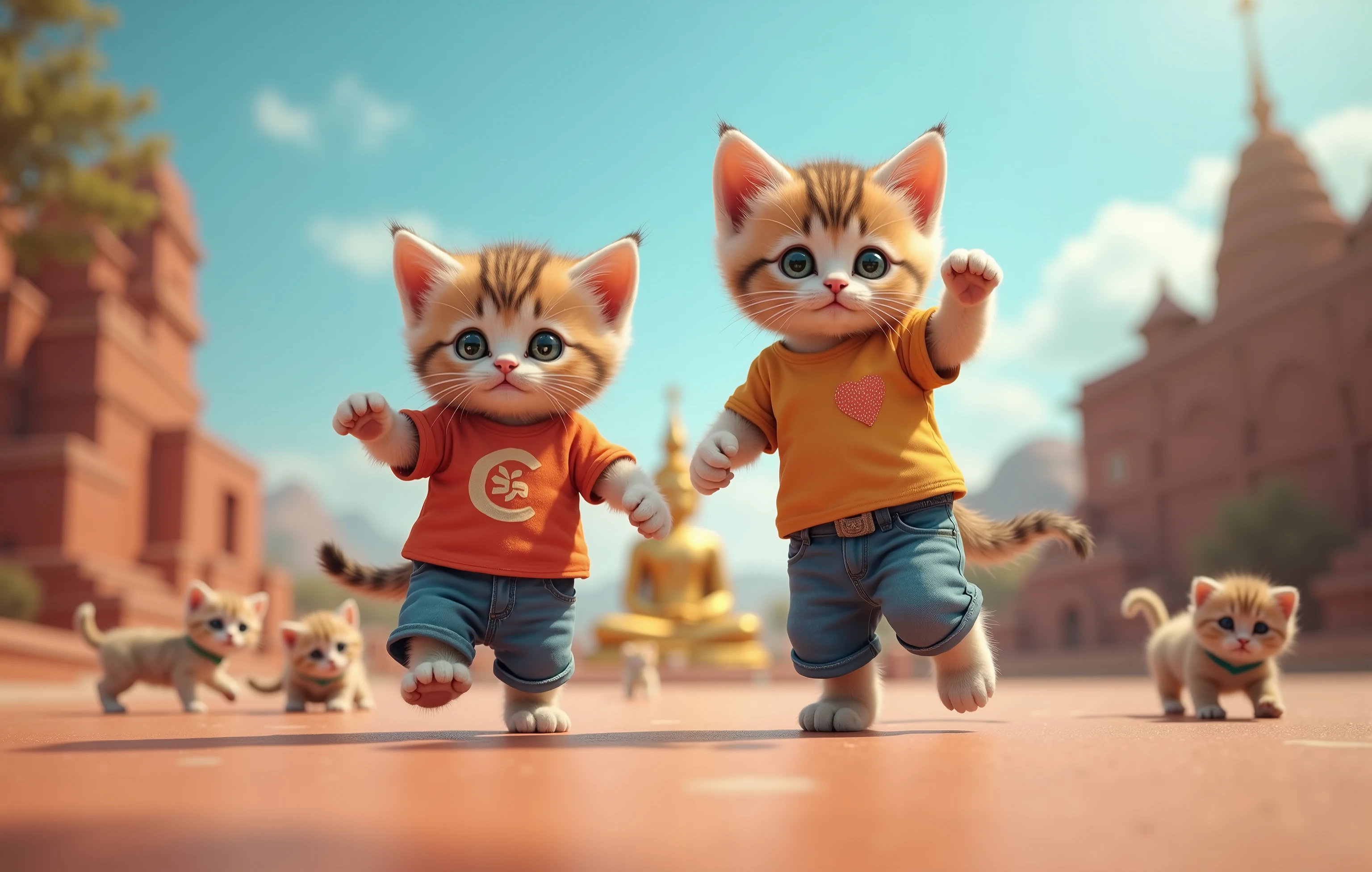 a cat drawn in size 25, 2 adorable babys , a kitten wearing a t-shirt , and the bottom is a kitten wearing pants , blue sky,Detailed and realistic fur ,The background is India , I can see the golden Buddha in the background,There are other tourist cats,Realistic cat standing on 2 legs, eyes are like beautiful marbles,