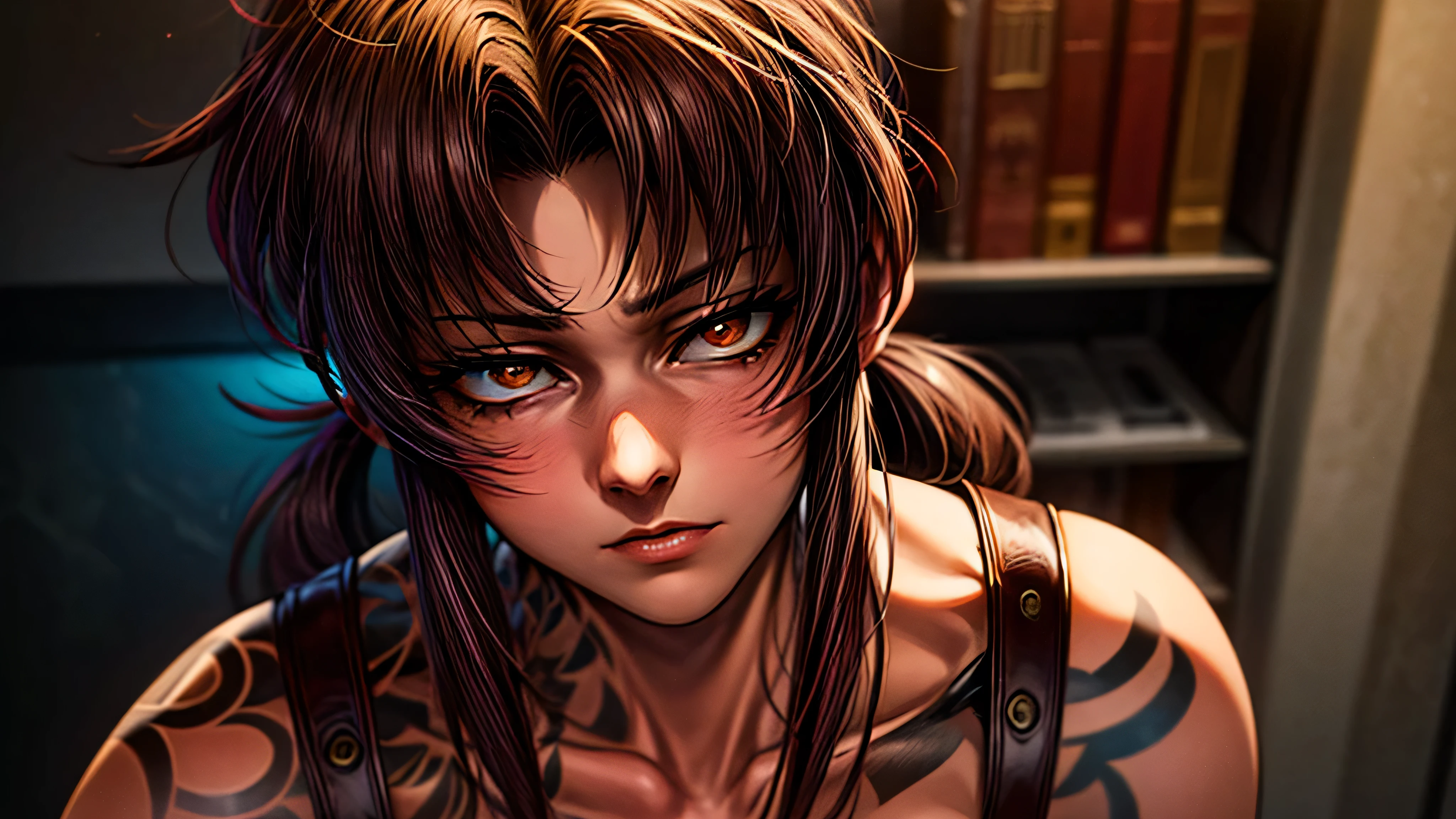 A striking image of a busty Revy, lighting is bright and natural, highlighting the bold colors and details of her costume, as well as her confident and alluring expression. Art Styles: Cosplay Photography Realism Artists Referenced: Revy black lagoon Categories: Cosplay anime characters Elegant detailed luxury, neon lights, The artwork is rendered in an edgy and realistic style, with high attention to detail and sharp focus. The colors are vivid and contrasted, with a slight desaturation to create a moody atmosphere. shadowy highlights enhancing the overall composition. The medium used is a digital illustration, with a touch of photo-realistic elements to add depth and texture to the image. The final result is a masterpiece in ultra-high resolution,