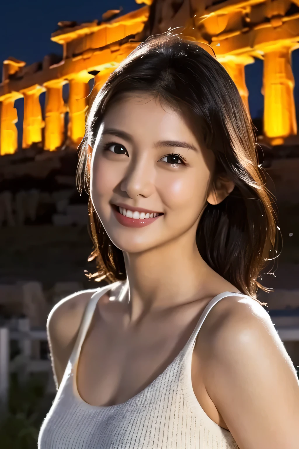 One person'S, (wearing a summer dress:1.2), (Beautiful Japanese idol portrait photos),
(RAW Photos, Highest quality), (Realistic, Realistic:1.4), masterpiece, 8K Portrait,
Very delicate and beautiful, Very detailed, 2k wallpaper, wonderful, In detail,
Very detailed CG unity 8k wallpaper, Very detailedな, High resolution, Soft Light,
Beautiful details, Very detailed eyeS and face, Beautiful and sophisticated nose, Beautiful details,
(Take a commemorative photo with the illuminated Parthenon as the backdrop:1.3), (Evening Scenery), Cinema Lighting,
Perfect Anatomy, Slender body, Small breaStS, Medium Hair, Dynamic Angle, A light smile, (whole body)