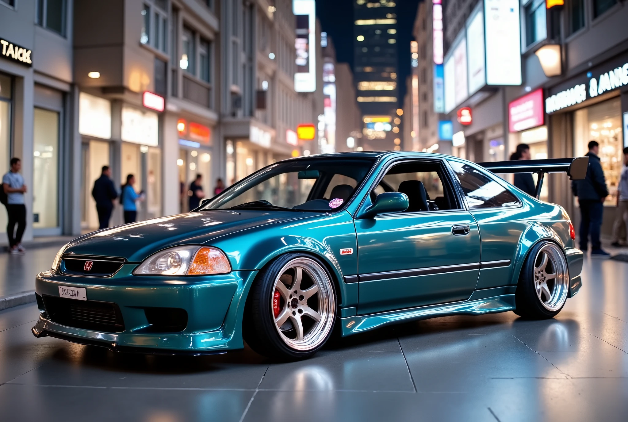 Create a cool, state-of-the-art drift car based on the 1996-2001((( Honda Civic VI coupe))), demonstrating ((modern drift tuning)). The car should have an understated fit, aggressive body kit, wide fenders, (turned-out wheels) and (cast silver sparkling aluminum wheels), wide tires. Use details such as a protruding rear wing, a custom exhaust system, and bright paint.(The car's color is a bright 453 Capri dark blue-green cool metallic ). Emphasize the sporty aesthetic by paying special attention to improved features such as an upgraded suspension and braking system. The background should reflect the dynamic drift scene in a large metropolis in the evening, emphasizing the possibilities of the car in action. Incredible dynamics and speed. Sparkling beauty and power. (a masterpiece:1.2,EXCEPTIONAL QUALITY,mirrored,cinematic experience,photorealistic:2.0,RAW Photos:2.0,Super detailed),8k,wallpaper