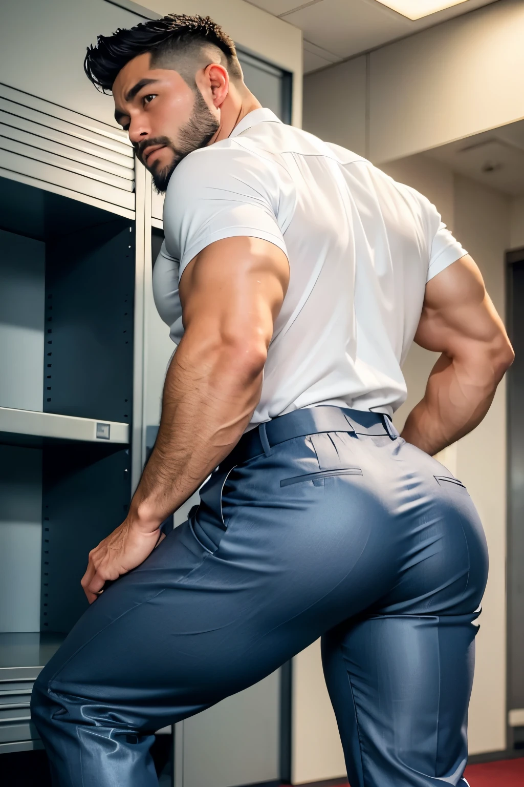 40-year-old boy Japanese muscular male in transparent white formal shirt......... short haired, bearded, wearing navy blue shiny trouser ...........gooning seductive expression.................... dripping on body and pants...................., arching back............... looking back to the camera. [[ huge big unrealistic butt,]] hairy legs.................. muscular thigh......................close up on butt........low angle camera looking up at body........... in locker room........

