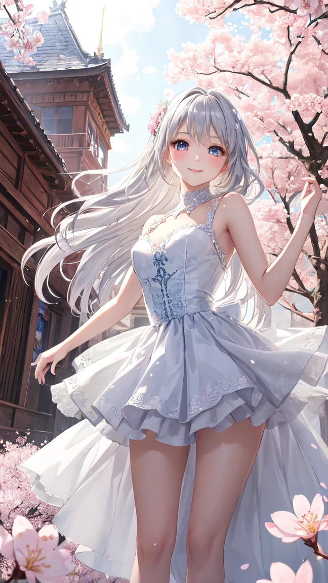 1girl,bare shoulders,white skirt dress, flower pattern in dress,white gow,Organza lace,blush,silver necklace,silver earrings,Look back,Shanghai,(white shiny (transparency:1.6) crotchless pantyhose)