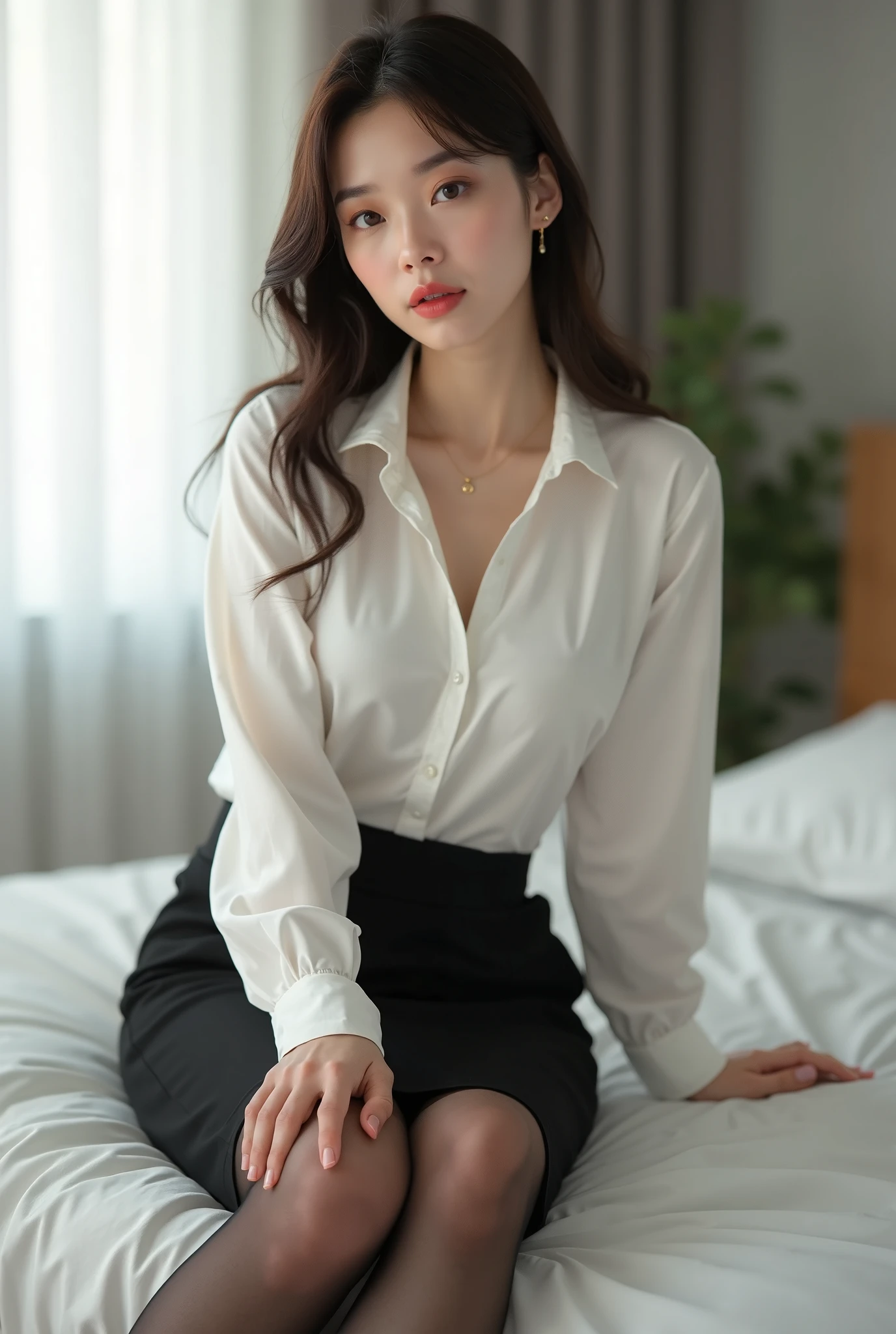 (1womanl), Beautiful, seducting smile, (Best Quality:1.4), (Ultra-detailed), (extremely detailed CG unified 8k wallpaper), Highly detailed, High-definition raw color photos, Professional Photography, Amazing face and eyes, makeup, (tempting look), (amazingly beautiful girl), ((Business Suit)), ((Mini skirt)), (Business shirt with wide open chest), (Spread your legs), ((Wear ultra-realistic hose)), (:1.3), inseructive, (dim bedroom:1.3), (View from below)