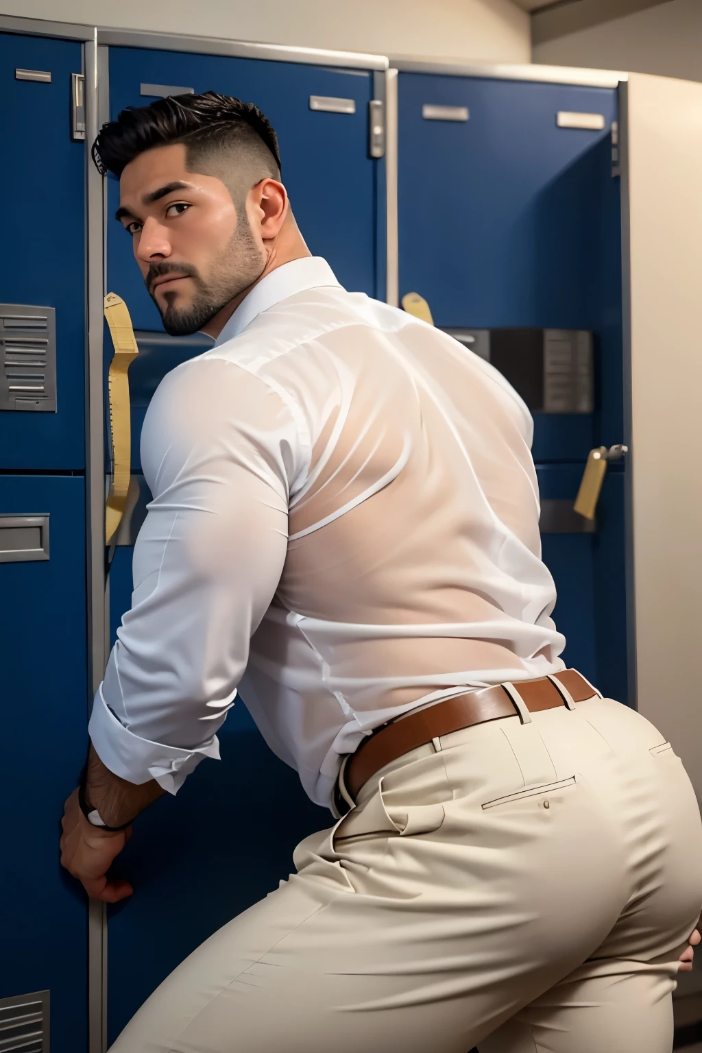 40-year-old boy Japanese muscular male in transparent white formal shirt......... short haired, bearded, wearing navy blue shiny trouser ...........gooning seductive expression.................... dripping on body and pants...................., arching back............... looking back to the camera. [[ huge big unrealistic butt,]] hairy legs.................. muscular thigh......................close up on butt........low angle camera looking up at body........... in locker room........
