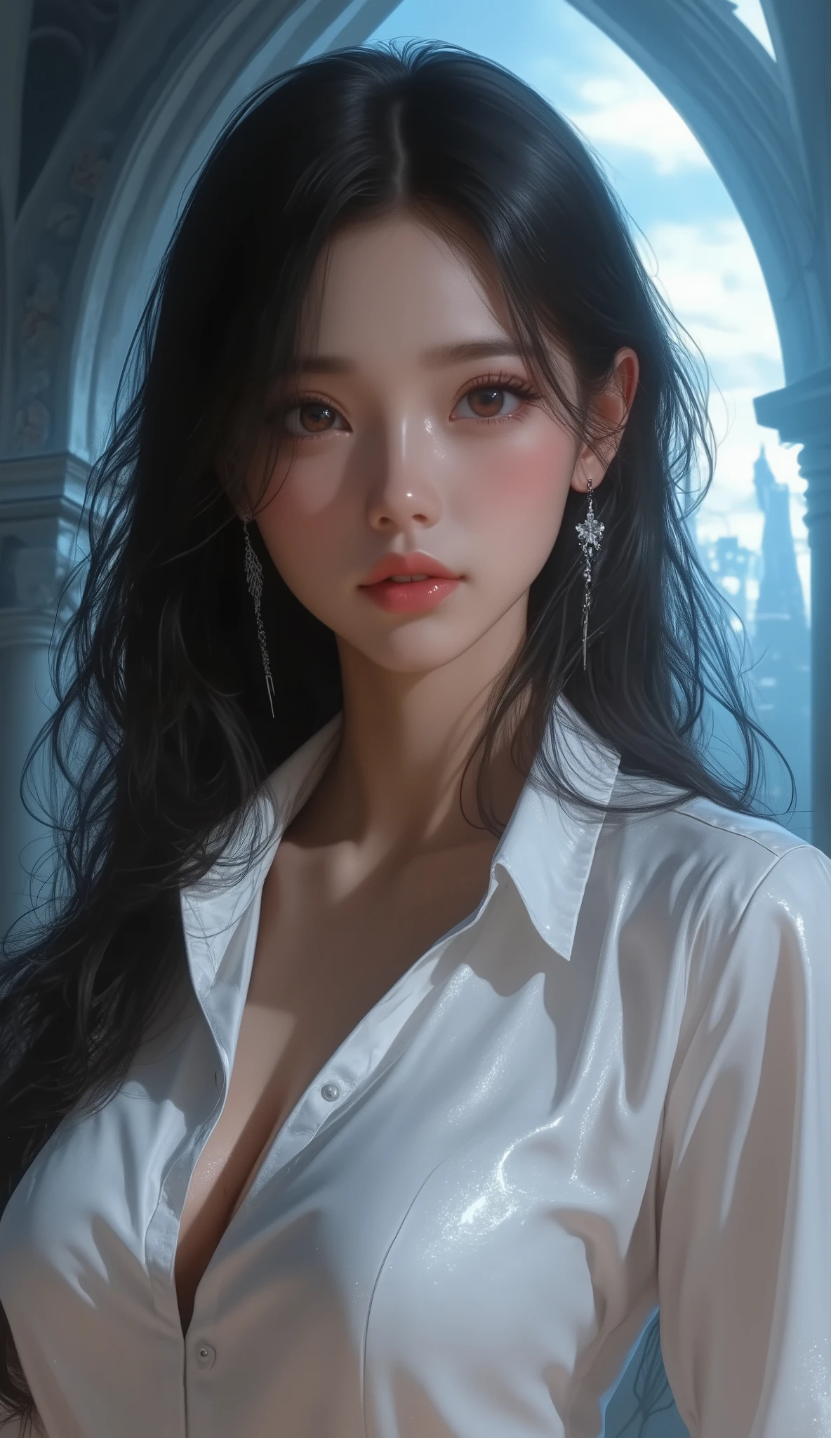 Lori anime girl , realistic shadows, detailed skin, Extra Large Breasts , black hair, very detailed, 8K high resolution face , Perfect Face Shape, Perfect Lips, Perfect Nose, beautiful eyes, viewers, white shirt, Bright Moon, masterpiece, best quality, Single women, No., no panties, Alone