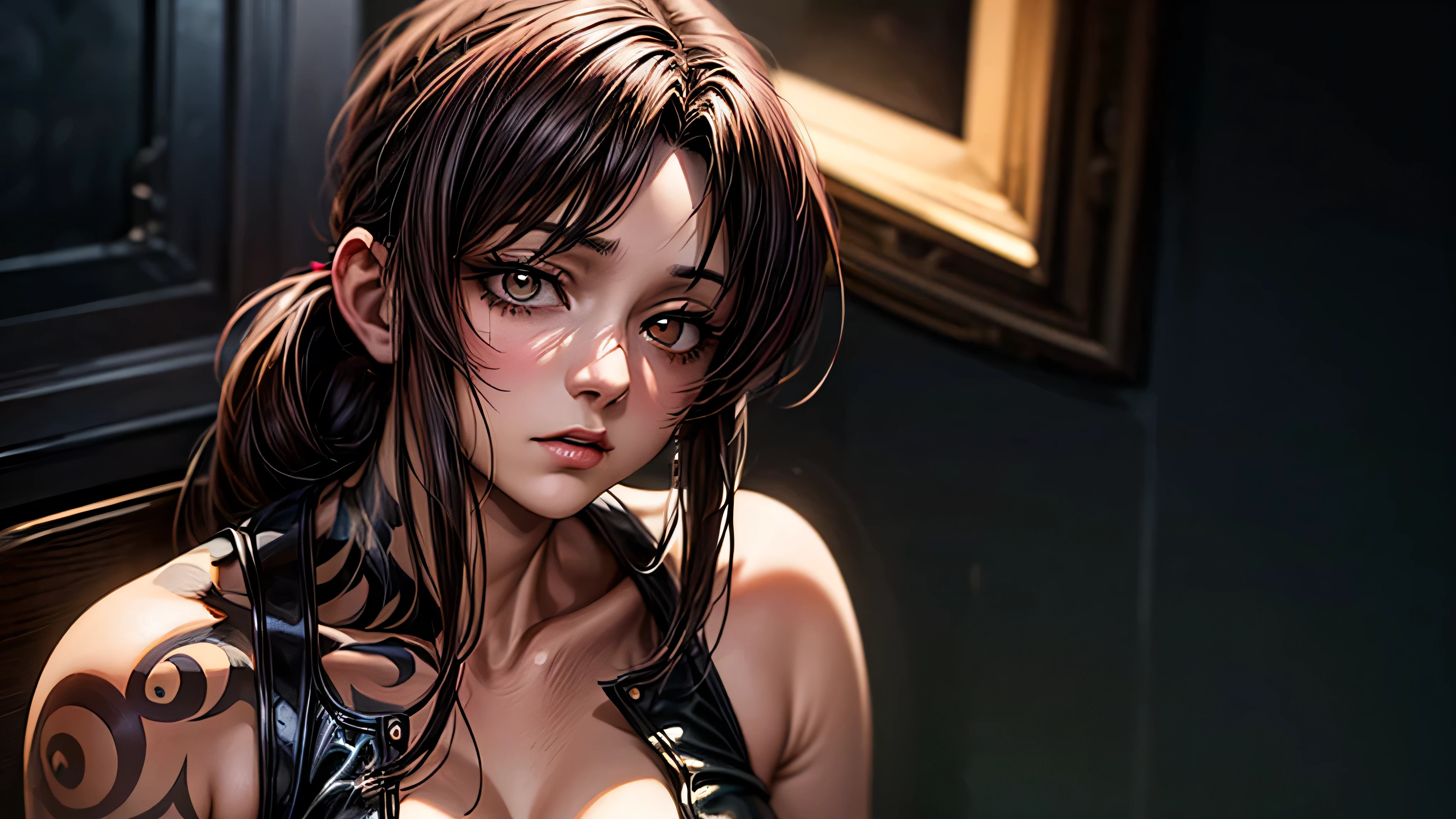 A striking image of a busty Revy, lighting is bright and natural, highlighting the bold colors and details of her costume, as well as her confident and alluring expression. Art Styles: Cosplay Photography Realism Artists Referenced: Revy black lagoon Categories: Cosplay anime characters Elegant detailed luxury, neon lights, The artwork is rendered in an edgy and realistic style, with high attention to detail and sharp focus. The colors are vivid and contrasted, with a slight desaturation to create a moody atmosphere. shadowy highlights enhancing the overall composition. The medium used is a digital illustration, with a touch of photo-realistic elements to add depth and texture to the image. The final result is a masterpiece in ultra-high resolution,