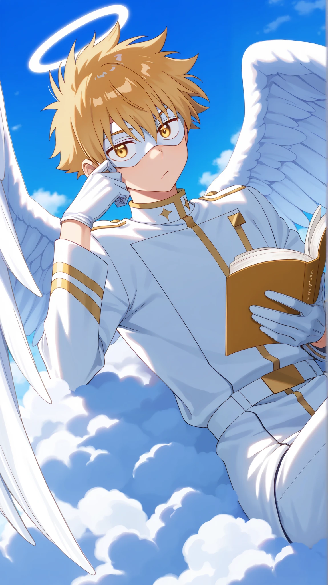 Full pure White hero masked men anime, solo, male focus,white angle uniform,white mask,white eye mask,glove,angel,1boy,male focus,big white angel wing,angel halo,golden eyes,day sky clouds heaven bankground,inuzuka shuu, blonde,male focus,playful,resting on clouds,playful,read book,