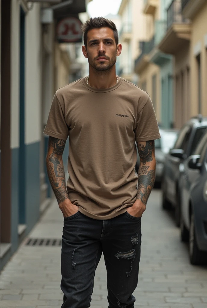 man, beard, rocker, tattoos, simple plain black t-shirt, jeans, old cement wall in the background, natural light, photography, ultra realistic, 4k, hdr,