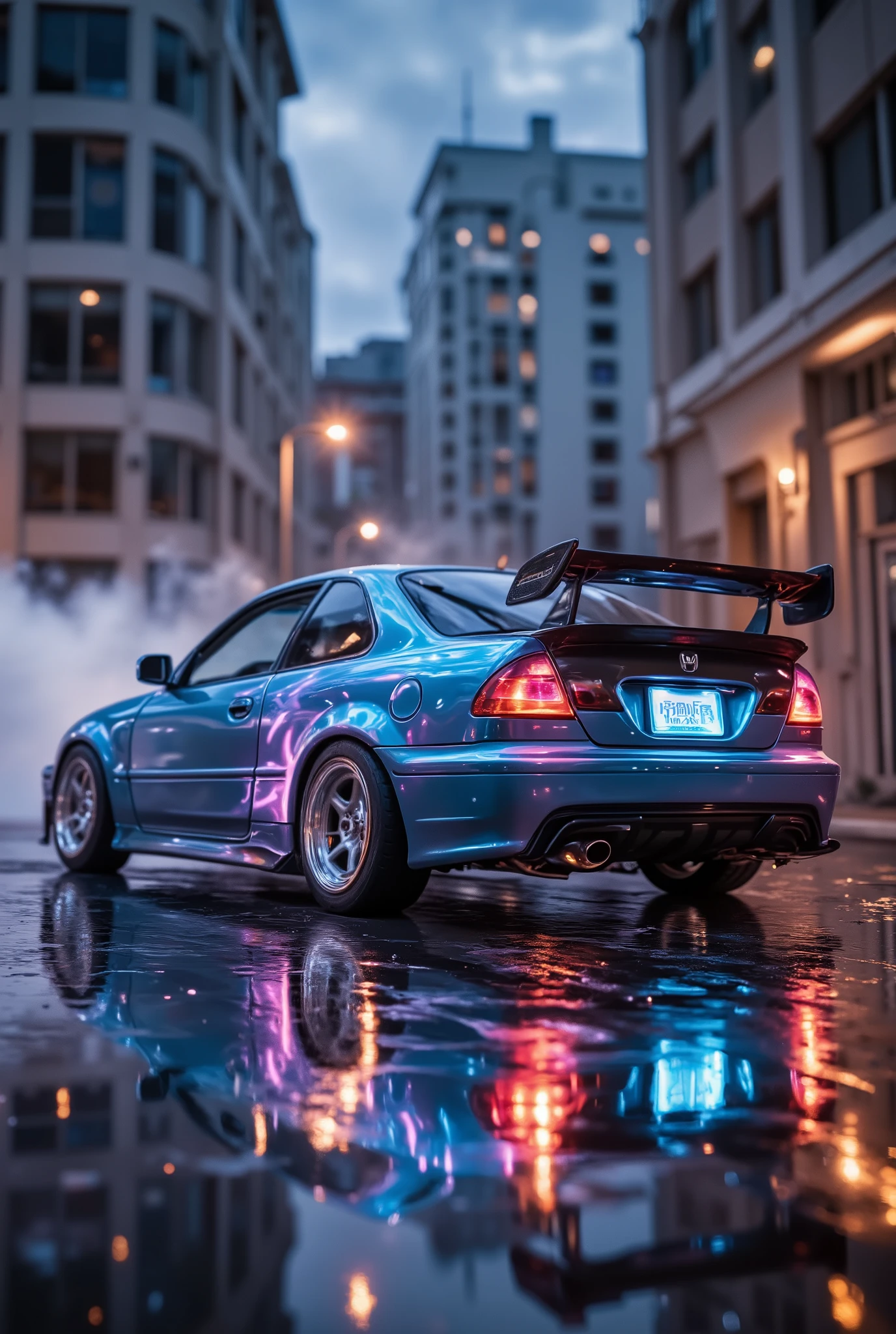 Create a cool, state-of-the-art drift car based on the 1996-2001((( Honda Civic VI coupe))), demonstrating ((modern drift tuning)). The car should have an understated fit, aggressive body kit, wide fenders, (turned-out wheels) and (cast silver sparkling aluminum wheels), wide tires. Use details such as a protruding rear wing, a custom exhaust system, and bright paint.(The car's color is a 453 Capri blue-green cool metallic ). Emphasize the sporty aesthetic by paying special attention to improved features such as an upgraded suspension and braking system. The background should reflect the dynamic drift scene in a large metropolis in the evening, emphasizing the possibilities of the car in action. Incredible dynamics and speed. Sparkling beauty and power. (a masterpiece:1.2,EXCEPTIONAL QUALITY,mirrored,cinematic experience,photorealistic:2.0,RAW Photos:2.0,Super detailed),8k,wallpaper