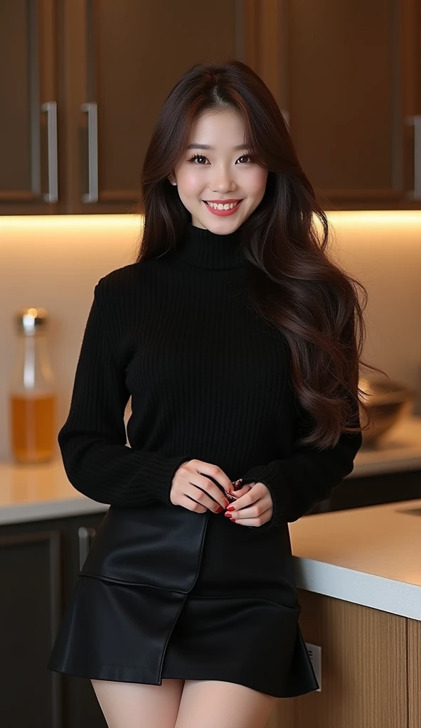Young girl sitting on a chair in a cafe, (drinking coffee)、Soak up the peaceful atmosphere, Photos captured in ultra-detail、oil painting style image、She is very beautiful, highly detailed eyes, Luscious eyelashes, stare quietly into the distance, Reflects a calm and contented expression, Her plump breasts, slim body shape、thin abs、perfectly formed lips, incredibly detailed, A gentle curve leads to a smile, Wearing a loose spring knit、(Wearing a black mini skirt)、necklace and earrings、long thin legs、Complex texture, Her long curls flow around her shoulders、It's a nice cafe, HDR lighting, The scene is filled with faint things, Soothing music、