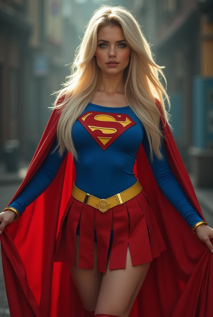 A SEXY AND BUSTY FEMALE WITH BLONDE BRAIDED HAIR AND GLASSES WEARING A 1984 BLUE SUPERGIRL COSTUME COMEPLETE WITH A LONG READ PLEATED SKIRT WITH A YELLOW SUPERGIRL BELT, A PAIR OF RED HEELED BOOTS WITH YELLOW TRIM, AND A LONG FLOWING RED CAPE WITH THE GOLD "S" EMBLEM. RED LIPSTICK, RED FINGERNAILS. INCREDIBLY DETAILED GLOWING SKIN, INCREDIBLEY DETAILED FACE, INCREDIDBLEY DETAILED CLOTHING, TEXTURED SKIN PORES, TEXTURED HAIR, 8K ABSURD RESOLUTION, MASTERPIECE. PHOTO REALSITIC, HYPER REALISTIC. MYSTICAL BACKGROUND. 16K RESOLUTION. PREFESSIONAL GRADE IMAGE.