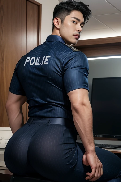 Mature man, very handsome, best quality, shirt formal police uniform, ((tong)) ,hairy chest , masterpiece, super high resolution, detailed background, reality, , single, 1 boy, muscle man, beard, in the city, muscle, facial hair, volumetric lighting, depth of field, wheezing, raised crotch, handsome action, big dynamics, (((big butt))) ((backside))