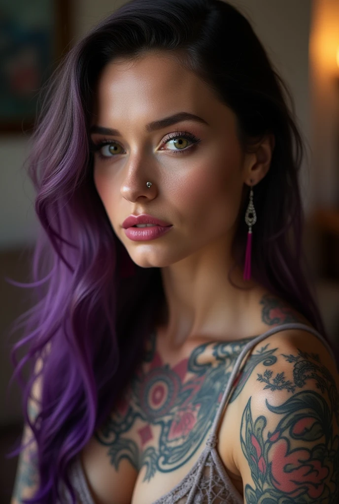 imagem: Close da jovem postando fotos sensuais nas redes sociais. As fotos a mostram em poses provocantes, vestindo roupas de grife e com cabelo roxo estilizado. The camera focuses on details such as botox on the lips and tattoos on the body. No fundo, Notifications of likes and comments flood your smartphone screen. 8k hd, alta qualidade, volumetric light, tiro furtivo, foto, high resolution, 4K, 8K, bokeh