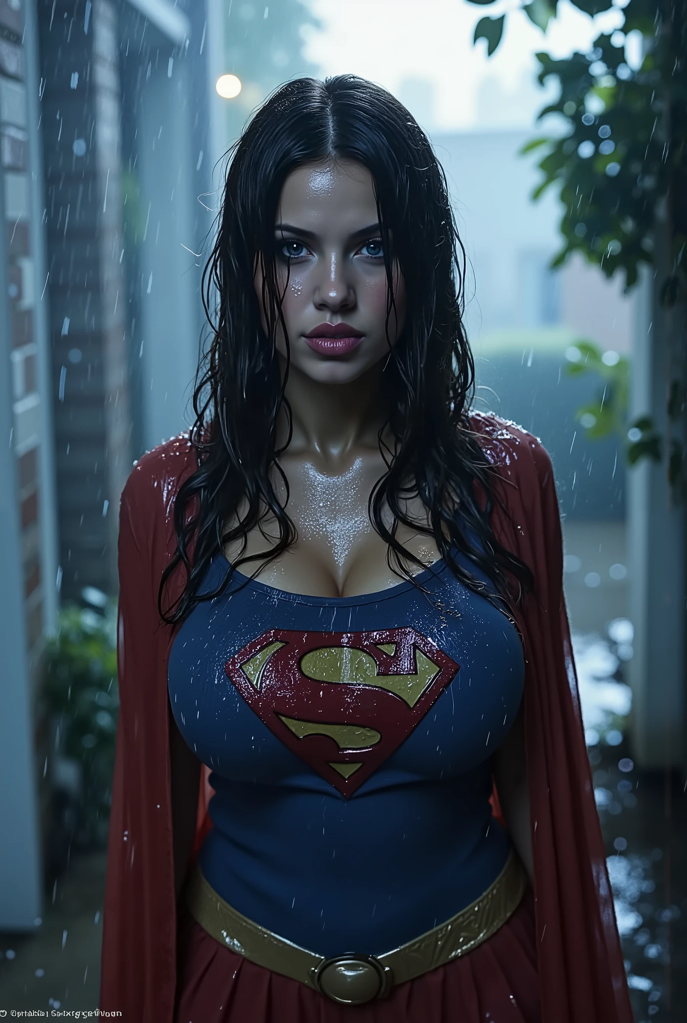JAPANESE GIRL (WEARING A SUPERGIRL COSTUME AND CAPE) A VERY SEXY BLUE EYED, BLACK JAPANESE GIRL WEARING A SUPERGIRL COSTUME AND CAPE. SOAKING WET FROM THE RAIN OUTSIDE THE FRONT PORCH POUTING. COMPLETELY SOAKED AND WET.4K, 8KHAIR AND CLOTHESB AND CAPE DRENCHED IN RAIN. 4K RAIN, 4K WATER BEADS, 4K HIGH RESOLUTION, SHARP CRYSTAL CLEAR IMAGE, PROUDLY WEARING THE 'S" EMBLEM.