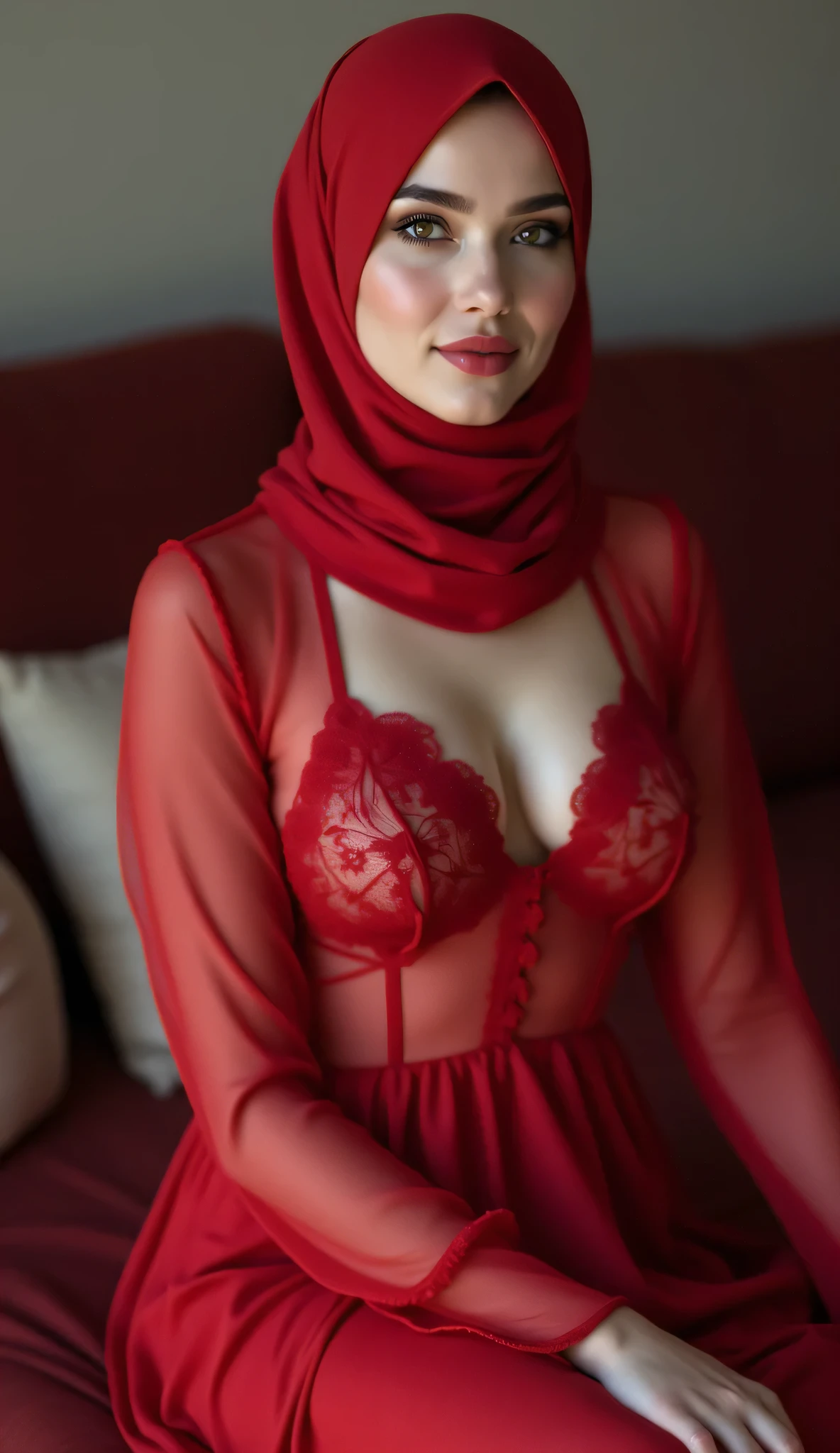 Beautiful, cute baby Face, 17 Years old russian lolita Girl, blue eyes, (wearing hijab) and sexy long sleeves royal lace gown, Rounded small Breast, cleavage cutout, slightly Chubby (chubby girl), luxury necklace, red lipstick, dark red lipstick, sensual Lipstick, White Skin, Smiling, bedroom, Dark room Background, mid shot, upper body, Perfect Potrait, Bokeh Effect, Look at Viewer, Armpit, Perfect Eye, Perfect Hand, Perfect Finger, Bracelet, Ring, small breast, ((adorable:1.2)), ((masterpiece:1.1)), ((bokeh:1.2)),