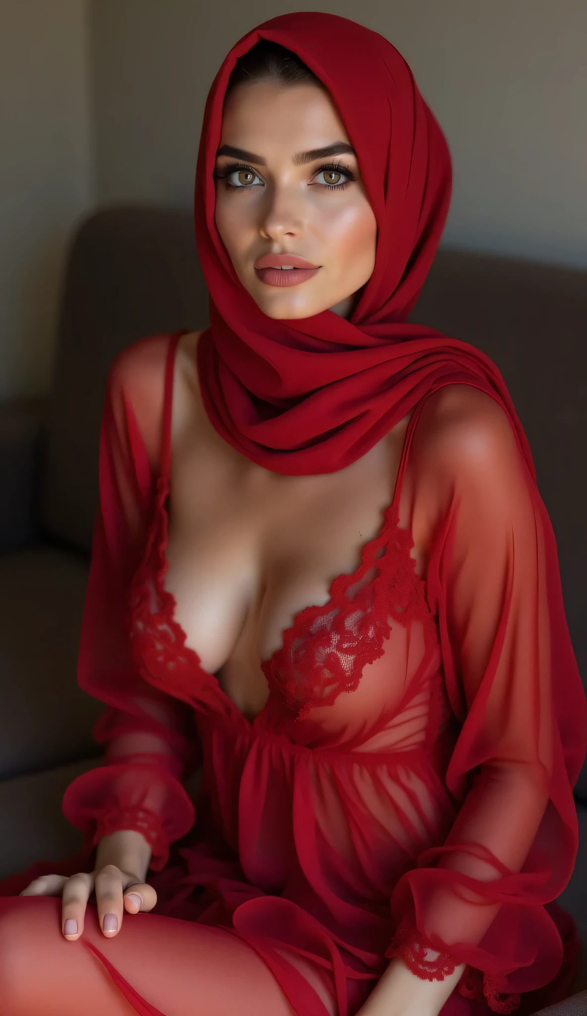 A naked hijab girl shows a red vagina and very large breasts 
