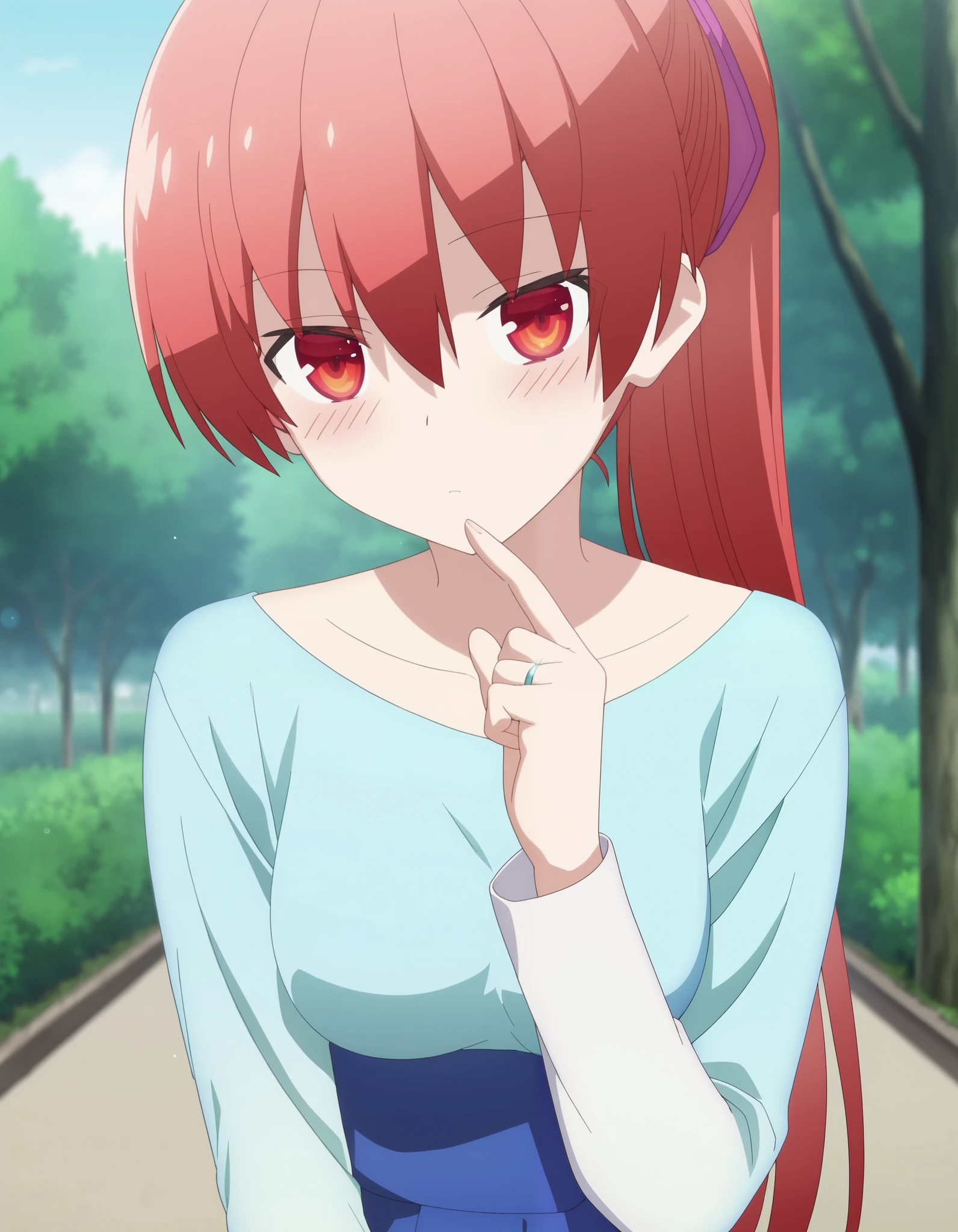 score_9, score_8_up, score_7_up, source_anime, rating_safe, , anime screencap, anime coloring, depth of field, 1girl, solo, tsukasa_yuzaki, red hair, red eyes, 1girl, blue dress, blurry, blurry background, blurry foreground, breasts, depth of field, dress, flower, hair between eyes, hair ribbon, jewelry, long dress, long hair, medium breast, long sleeves, looking at viewer, outdoors, ponytail, ribbon, ring, shadow, blush, solo, tree, wedding ring, pov, incoming kiss, closed eyes, pov, close up