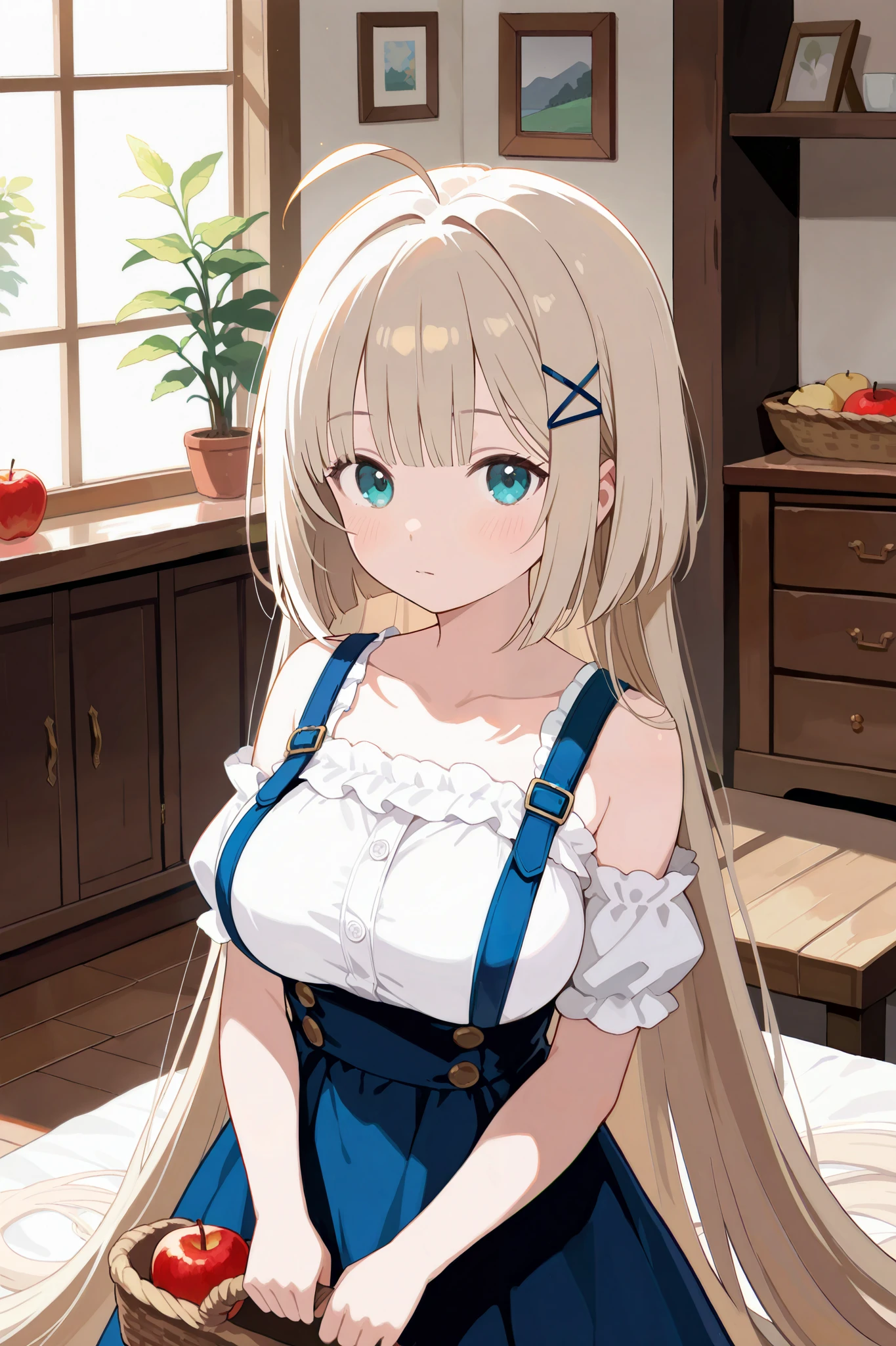 masterpiece, best quality, absurdres, very aesthetic, general, 1girl, solo, hair ornament, looking at viewer, indoors, ((absurdly long hair)), hairclip, blue eyes, window, blush, bare shoulders, bangs, plant, closed mouth, basket, collarbone, off shoulder, white shirt, holding basket, detached sleeves, puffy short sleeves, blonde hair, suspenders, large breasts, breasts apart, blunt bangs, upper body, sunlight, suspender skirt, frills, standing, drawer, puffy sleeves, aqua eyes, sleeveless dress, eyebrows visible through hair, blue skirt, apple, cowboy shot, overalls, bob cut, light brown hair, table, high-waist skirt, expressionless, platinum blonde hair, eyelashes, cabinet, hairpin, chest of drawers, buttons, sleeveless shirt, eyebrows behind hair, from front, pinafore dress, white blouse, x hair ornament, ahoge