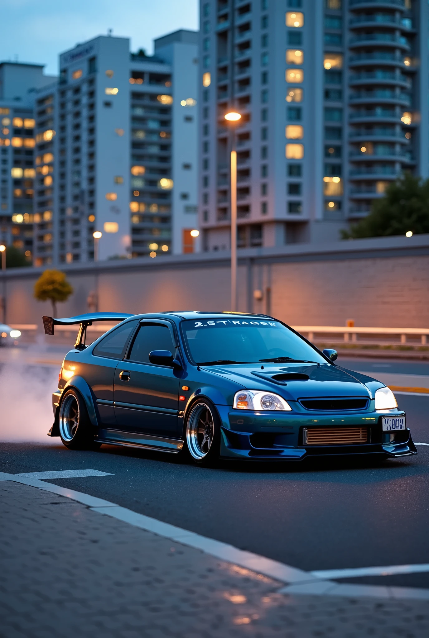 Create a cool, state-of-the-art drift car based on the 1996-2001((( Honda Civic VI coupe))), demonstrating ((modern drift tuning)). The car should have an understated fit, aggressive body kit, wide fenders, (turned-out wheels) and (cast silver sparkling aluminum wheels), wide tires. Use details such as a protruding rear wing, a custom exhaust system, and bright paint.(The car's color is a bright 453 Capri dark blue-green cool metallic ). Emphasize the sporty aesthetic by paying special attention to improved features such as an upgraded suspension and braking system. The background should reflect the dynamic drift scene in a large metropolis in the evening, emphasizing the possibilities of the car in action. Incredible dynamics and speed. Sparkling beauty and power. (a masterpiece:1.2,EXCEPTIONAL QUALITY,mirrored,cinematic experience,photorealistic:2.0,RAW Photos:2.0,Super detailed),8k,wallpaper