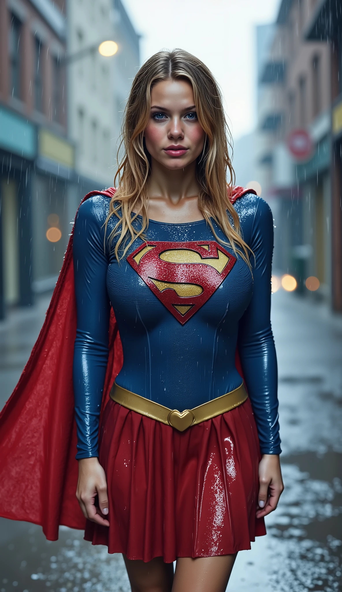 A BLUE EYED, A VERY MATURE YOUNG CUTE BLONDE SCHOOL GIRL WEARING A SUPERGIRL COSTUME AND CAPE. SOAKING WET FROM THE RAIN OUTSIDE WALKING. COMPLETELY SOAKED AND WET.4K, 8KHAIR AND CLOTHESB AND CAPE DRENCHED IN RAIN. 4K RAIN, 4K WATER BEADS, 4K HIGH RESOLUTION, SHARP CRYSTAL CLEAR IMAGE, PROUDLY WEARING THE 'S" EMBLEM.