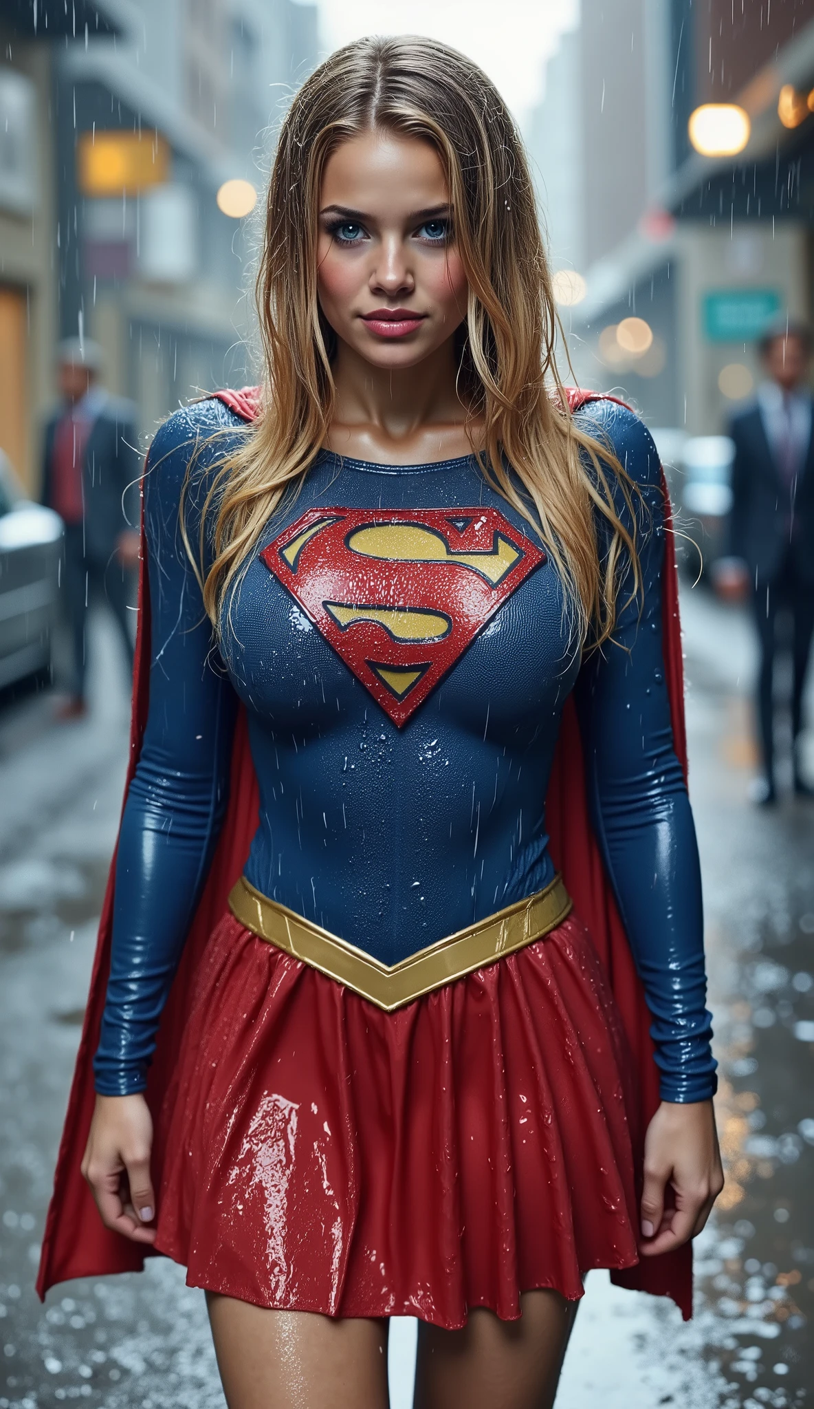 A BLUE EYED, A VERY MATURE YOUNG CUTE BLONDE SCHOOL GIRL WEARING A SUPERGIRL COSTUME AND CAPE. SOAKING WET FROM THE RAIN OUTSIDE WALKING. COMPLETELY SOAKED AND WET.4K, 8KHAIR AND CLOTHESB AND CAPE DRENCHED IN RAIN. 4K RAIN, 4K WATER BEADS, 4K HIGH RESOLUTION, SHARP CRYSTAL CLEAR IMAGE, PROUDLY WEARING THE 'S" EMBLEM.