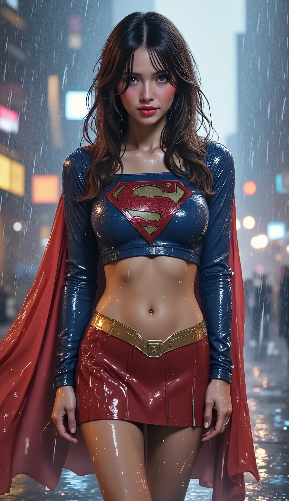 FULL TOP TO BOTTOM VIEW. BLUE EYED JAPANESE GIRL WEARING A SUPERGIRL CROP TOP COSTUME AND CAPE. SOAKING WET 4K RAIN, 4K WATER BEADS, 4K HIGH RESOLUTION, SHARP CRYSTAL CLEAR IMAGE, PROUDLY WEARING THE 'S" EMBLEM.
