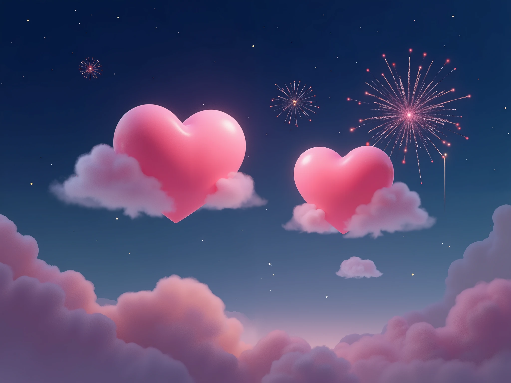 Pink Valentine's Day ,Sky, night view, pink love clouds,fireworks
