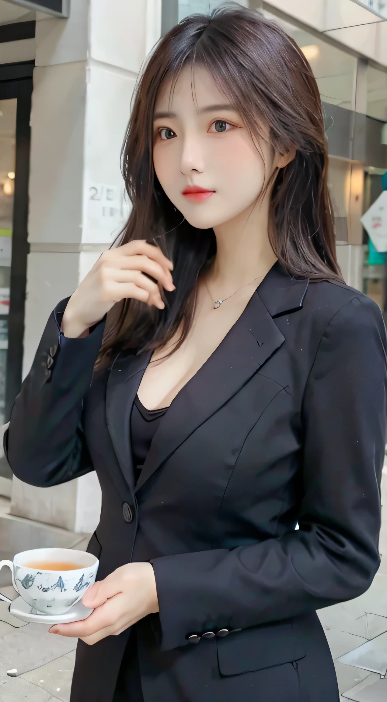 best quality, masterpiece, 1girl, Beautiful face, (photo realistic:1.3), rim lighting, (high detailed skin:1.2), 8k uhd, dslr, high quality, high resolution, 4k, 8k, Bokeh, absurdres, best ratio four finger and one thumb, (realistic:1.3), cute 1girl, wearing black formal blazer, medium breasts, short skirt,