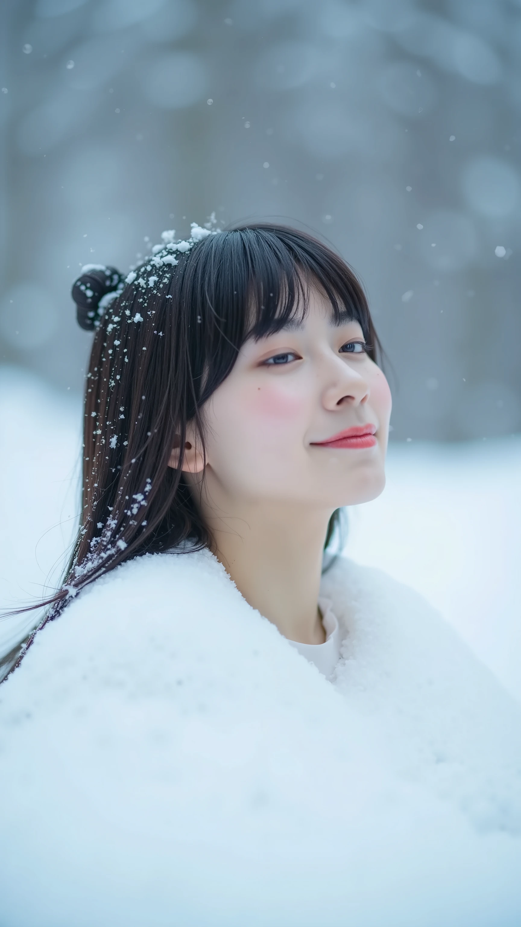 A high resolution photograph of a Japanese woman buried in the snow with only her upper shoulders exposed. Powder snow falls on her. Intricate details, 8k,