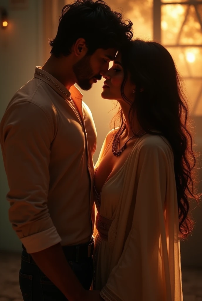 Create a image of a 25 year old indian girl in a room long black silky hair style her 24 year old boyfriend kissing her neck and romancing girl have high ponytail