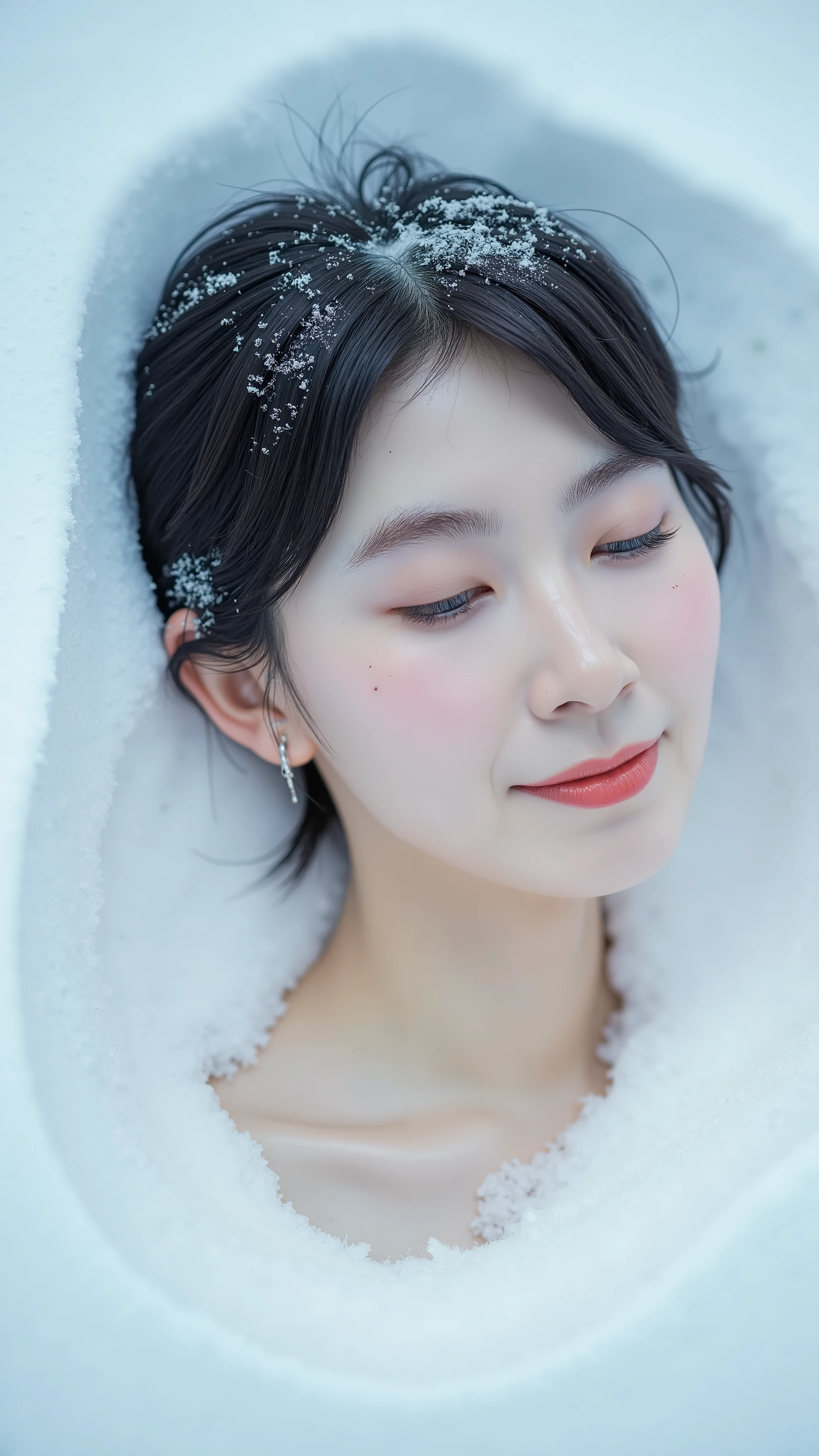 A high resolution photograph of a Japanese woman buried in the snow with only her upper shoulders exposed. Powder snow falls on her. Intricate details, 8k,