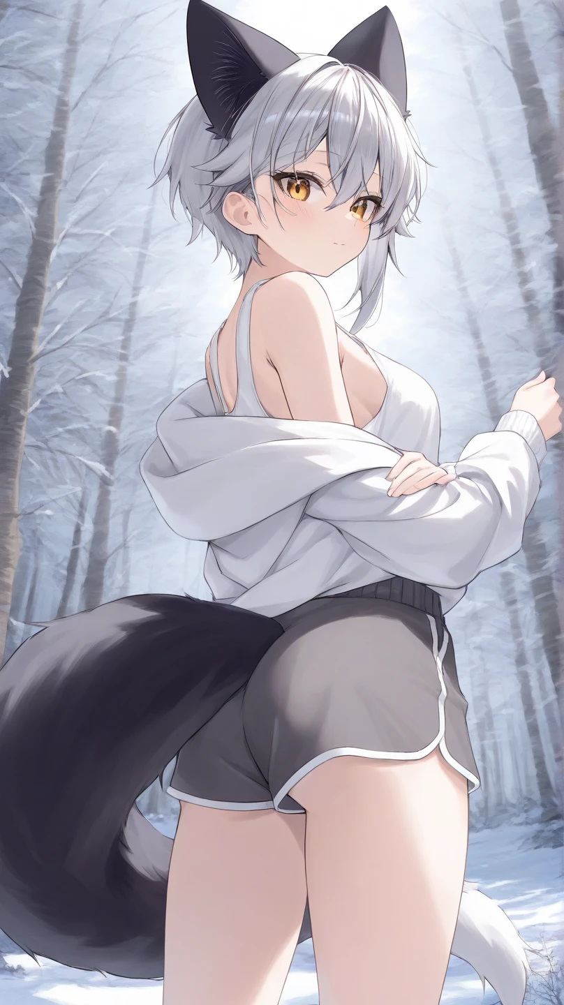 (superflat, flat shading, flat colors:1.1), wide angle, 1girl, yo, small breast, white hair, (white fox ears), (white fox tail:1.2), (white sports bra with black panties), smile, blush, eyes closed, bare feet, standing on snow, stretching, doing exersises, winter forest, bright sunlight, white, best shadows, watercolor,