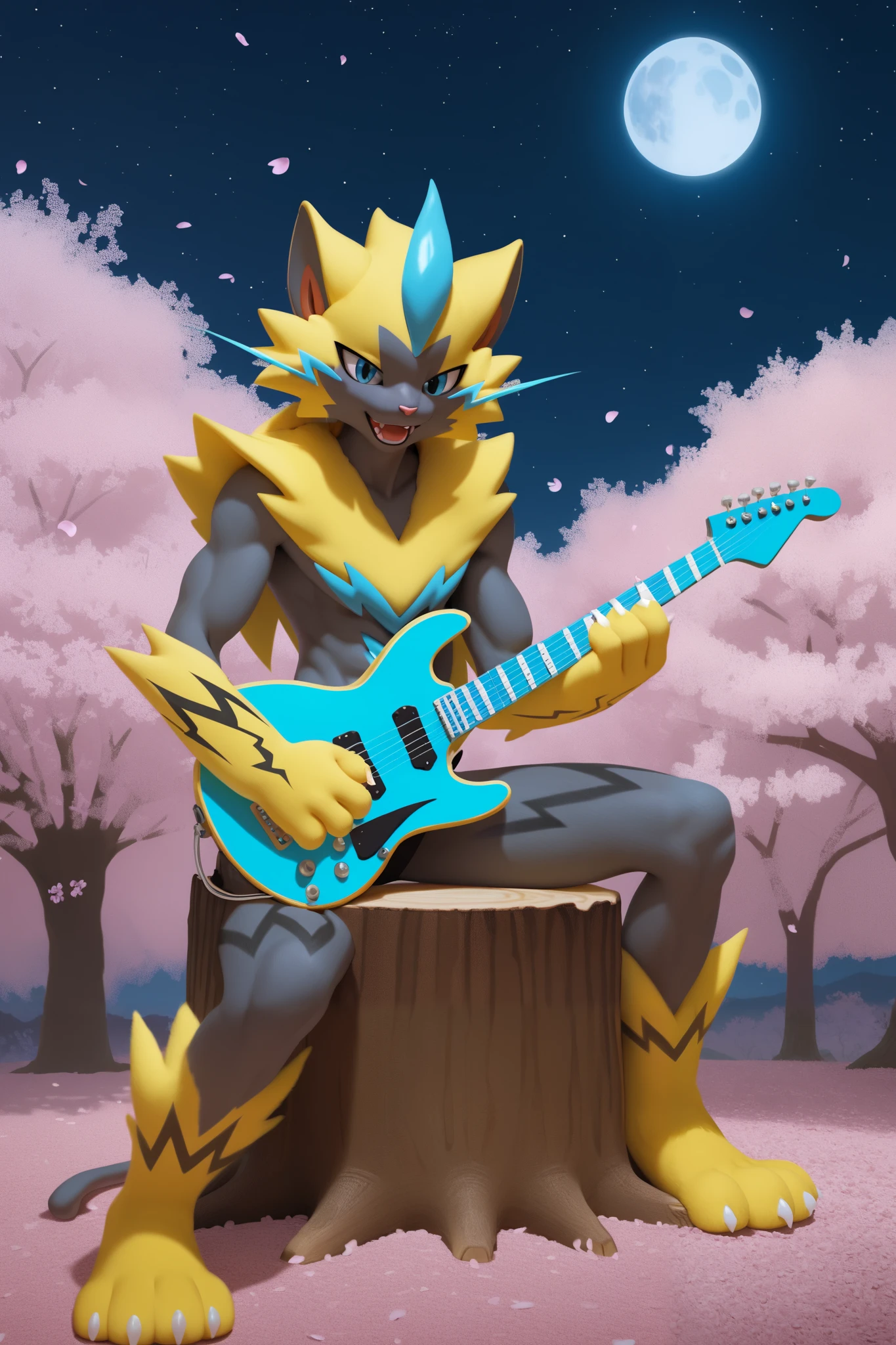 ultra detailed, extremely detailed CG, best quality, intricate, 8K, crisp quality, detaled fingers, detaled face, detaled hands, detaled body, detaled tail, detaled background, detaled guitar,
BRAKE
a portrait with sharp focus and crisp quality, highlighting the subject’s facial features,
BRAKE
(realistic background:1.5), a landscape with vibrant colors and rich contrast, capturing the beauty of a midnight, rural landscape, Japan, Cherry blossoms at night, starry night, moon,
BRAKE
furry, anthro, (fur, Zeraora:1.5), male, 20years old, Japanese, whole body,
BRAKE
(sit on a stump, playing the electric guitar, transparent blue electric guitar:1.5), singing, muscular, solo
BRAKE
(realistic:1.5), real world,