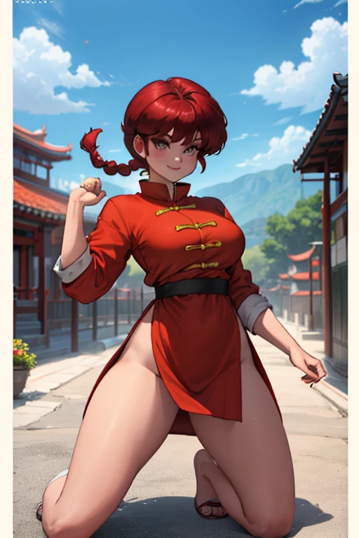 1 Beautiful Girl, Ranma, Braided Ponytail, Redhead, (chinese garment:1.4), Ranma Chan, (red cheongsam jacket:1.7), (blush), masterpiece, highest quality, High resolution, (40 year old mafia, penis:1.4), Perfect limbs, ((((penis enters vagina)))), behind, Spread your legs, Beautiful depiction of the vagina, ((Binding, Rotate your arms behind your back:1.47)), ((Restrained by rope))