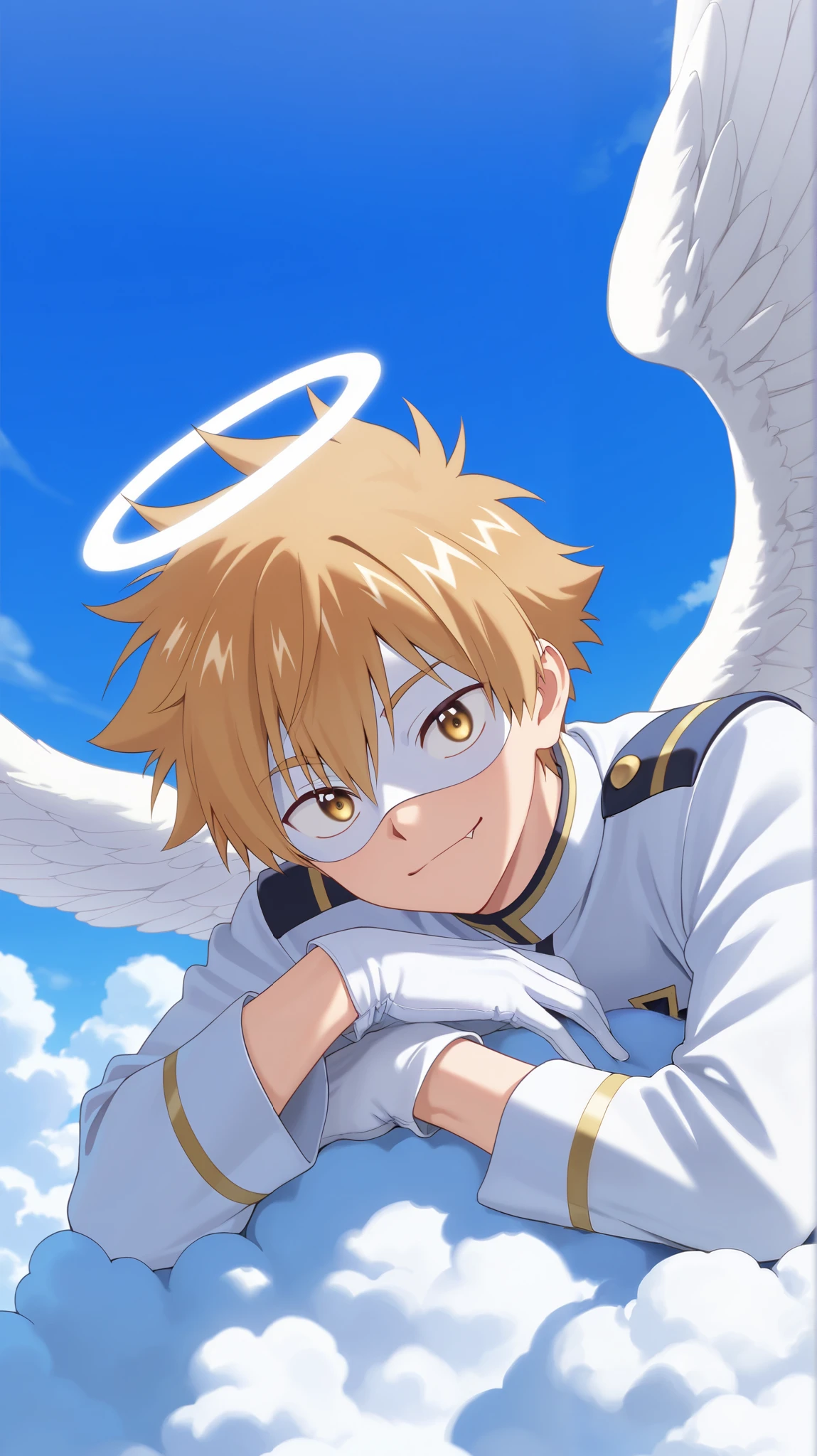 Full pure White hero masked men anime, solo, male focus,white angle uniform,white mask,white eye mask,glove,angel,1boy,mysterious grin,fang out,male focus,big white angel wing,angel halo,golden eyes,day sky clouds heaven bankground,inuzuka shuu, blonde,male focus,playful,resting on clouds,playful,hand, light smile,