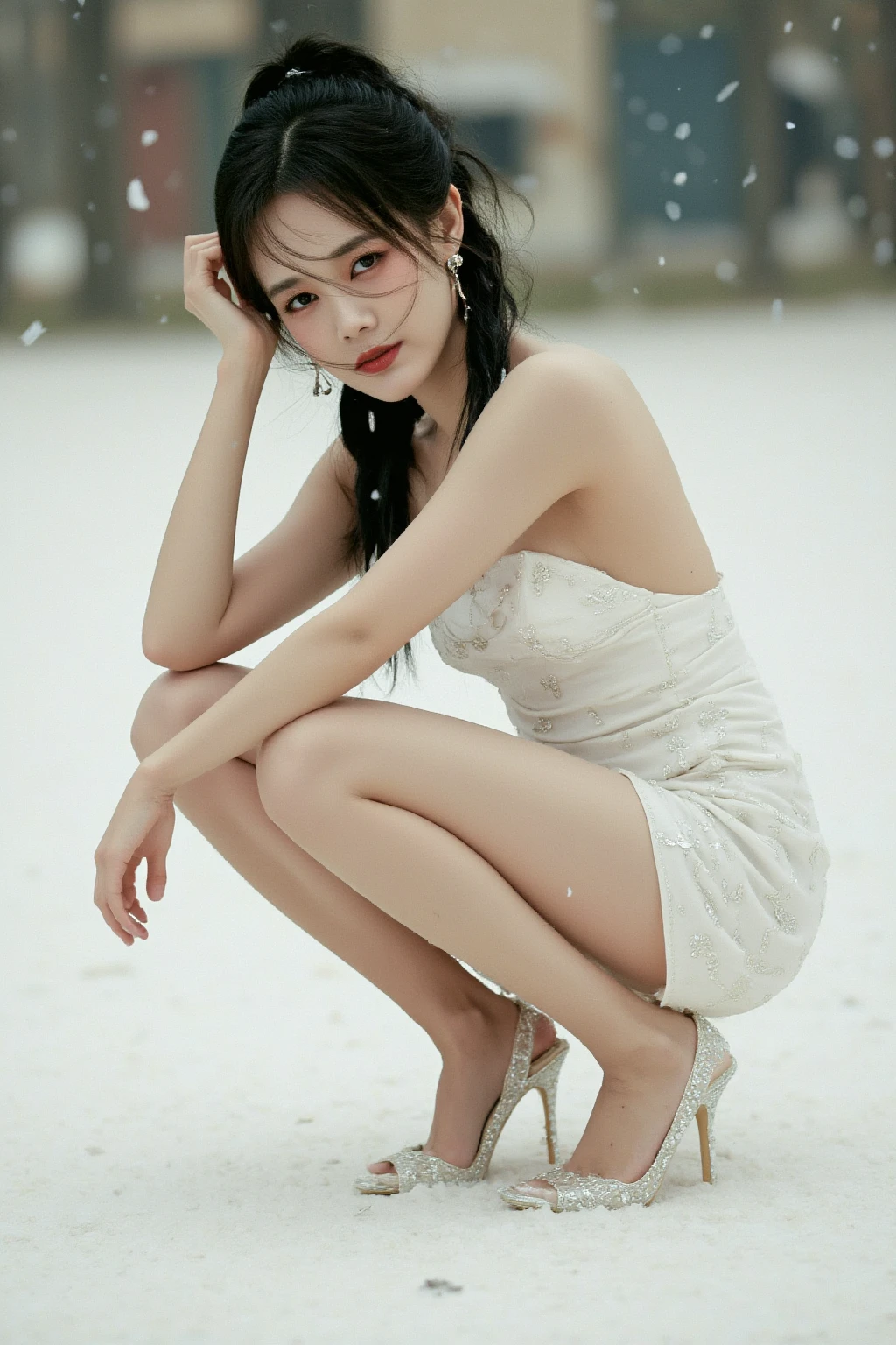 Ultra-detailed details,UHD resolution,1.4 times real,hyper HD,(Full body like)1girll,Delicate facial features,Nice face,Bandeau dress,Expose large,Wear black high heels,Show your toes,White,Sense of light and shadow,It's raining on the streets of France
