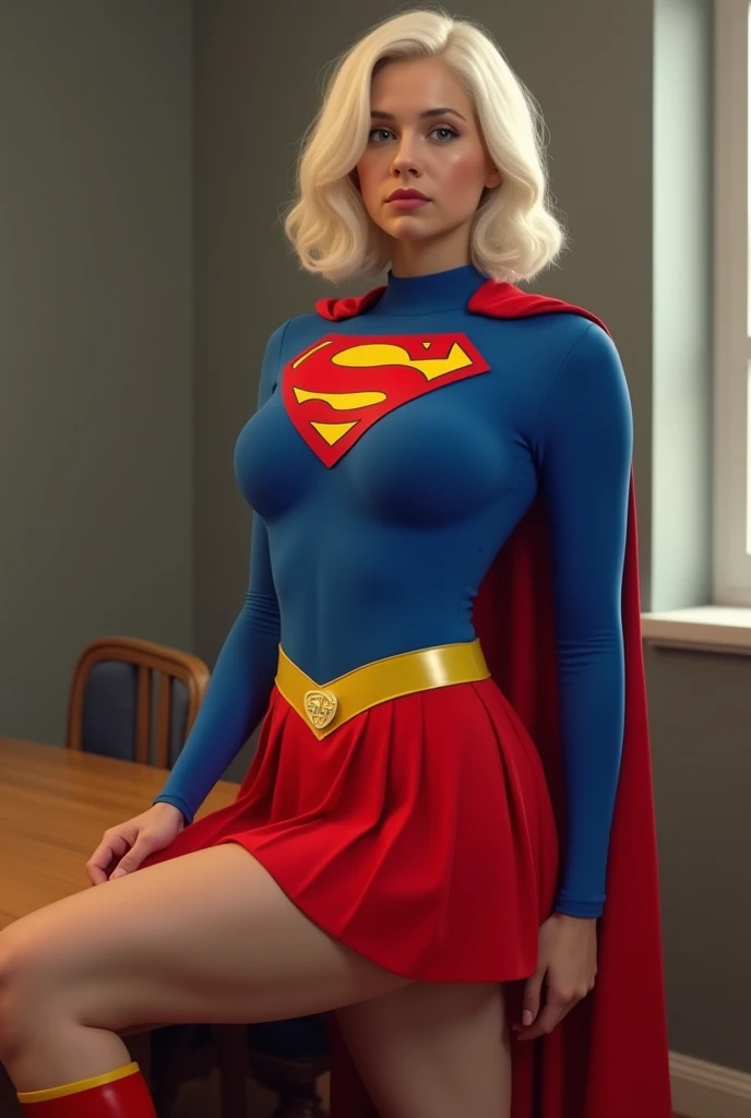 masterpiece、Rubber Supergirl Costume、short hair、barefoot、Big and ample breasts、looking at the camera、choker、Long sleeve、Cape、mini skirt、Off the shoulder、Sweaty skin、In front of the experimental equipment in the laboratory、Photo magazine cover、Glamorous cleavage、Boasting beautiful legs、High leg leotard、Bare legs、wallpaper for pc、