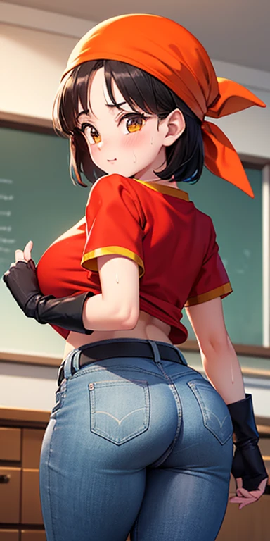 ((highest quality)), ((masterpiece)), (High resolution), 8K, best shadow, The best natural light, cinematic, woman climbing stairs、20-year-old, dragonballpan,pan gt,short hair,black hair,gloves,short sleeves,black gloves,belt, fingerless gloves,yellow eyes,(red shirt:1.5),black belt,bandana,((orange bandana)),(grey pants),Looking back, bashful、((Rear view))、Angle from directly below the rear, ((View from directly below)),whole body、Manga panel layout、cartoon style、Manga Design、station stairs、on the way to school, A skirt that flips in the wind, Stylish white panties hidden under a skirt, slender body,beautiful thighs, embarrassed expression, blush, huge ass,big ass,((upper body)),detailed face, perfect face,4k,ultra high definition ,((big ass)), ((huge ass:1.5)) ,(wide hips )