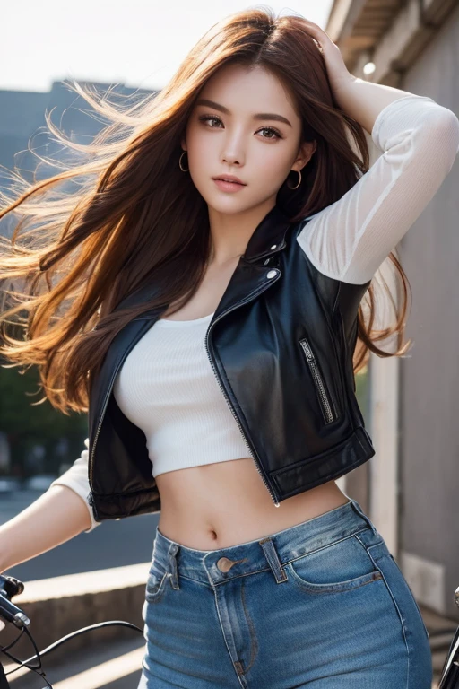 best qualtiy,tmasterpiece,超高分辨率,(真实感:1.4),RAW photogr,1girll,long whitr hair,Face Highlighting,Pure,Girly,Flushing,18yr old,18-year-old smiling female classmate,Pure,Innocent,(best qualtiy,8K,tmasterpiece:1.3),Goose egg face,largeeyes,long eyelasher,Exquisite(live-action realistic style),Star-like eyes,Ultimate face,Photorealistic light and shadow,Clear facial features,Milky white skin,Fair skin, highdetailskin, Realistic skin details, Visible Pore,(Super detail),(perfect bodies:1.1),long whitr hair,(dynamicposes),((Dynamic background((volumettic light:1.3)),Walk the city streets,Black leather jacket,Deep V vest,Open navel,shorter pants,walking pose,neonlight