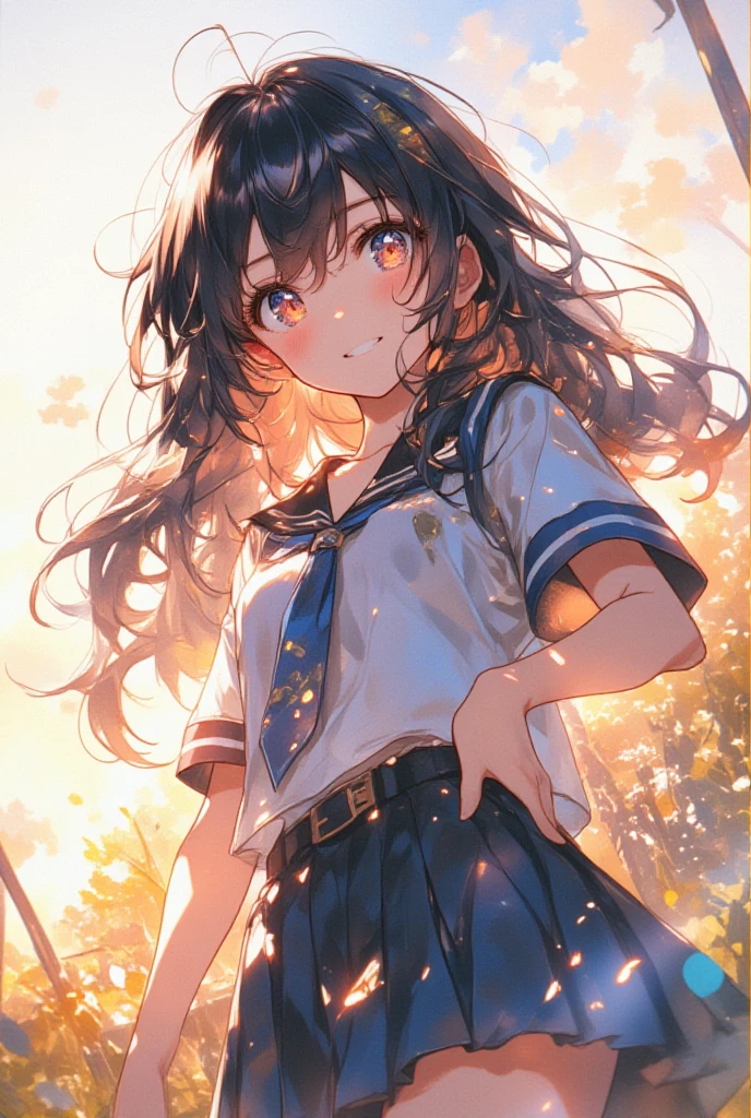 masterpiece, best quality, movie still, 1girl, cloud girl, floating in the sky, close-up, bright, happy, warm soft lighting, sunset, (sparks:0.7)