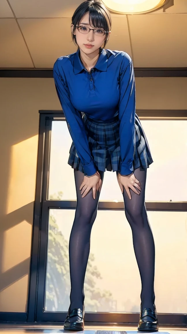 Sexy girl and male classmate, in a classroom, female is standing on pantyhose feet (on tippy toes touching the ground) sticking butt up in air bending all the way down to the floor (hands on floor), pantyhose butt sticking high up in the air, wearing sheer high gloss single seamed pantyhose, standing on her cute toes of pantyhose feet with lower half of body on the ground, pantyhose feet, skimpy sexy sailor style uniform, bow in her hair, silk bow scarf, long dark wavy black hair with bangs, looks like a 20 yr old Bettie Paige, sultry, looking at the camera playfully and seductively, posing in a classroom on the floor, male classmate kneels behind her and grabs her hips (he is clothed and upper half of him is cropped out of photo), female is facing the camera, desks and blackboard in background, (((floor is a rich mahogany wood floor))), she gives a footjob, pantyhose footjob, cinematic, warm lighting, sophistication, UHD, ultra high res.photorealistic:1.4