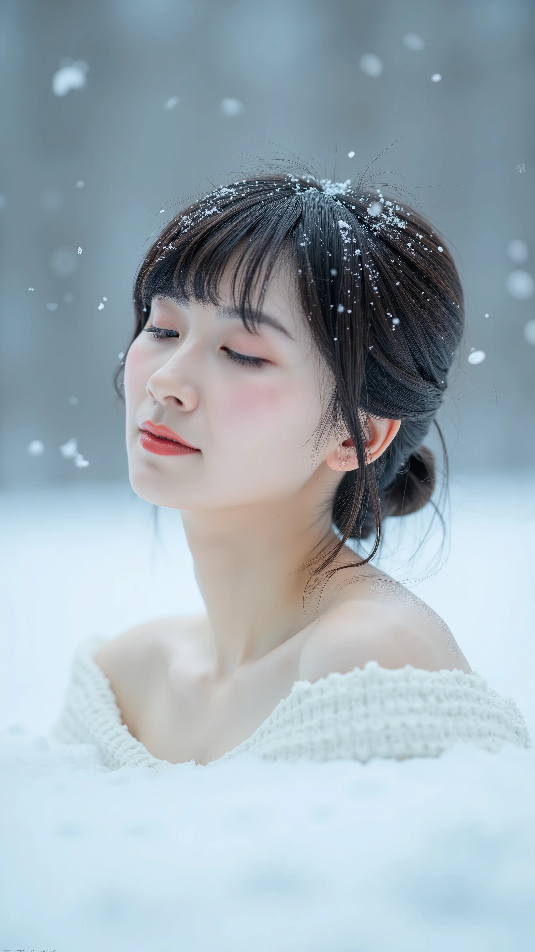 A high resolution photograph of a Japanese woman buried in the snow with only her upper shoulders exposed. Powder snow falls on her. Intricate details, 8k,