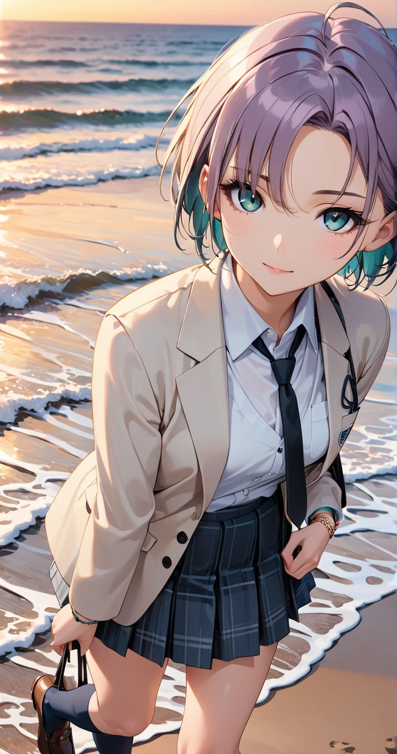 high quality,4K high resolution,Accurate, charming,young woman, thin A cup size breasts, Black eyes big eyes, glossy lip, silver hair short cut, tie,cute blazer, Mini skirt, Knee-high Socks Espadrilles, moorning beach
