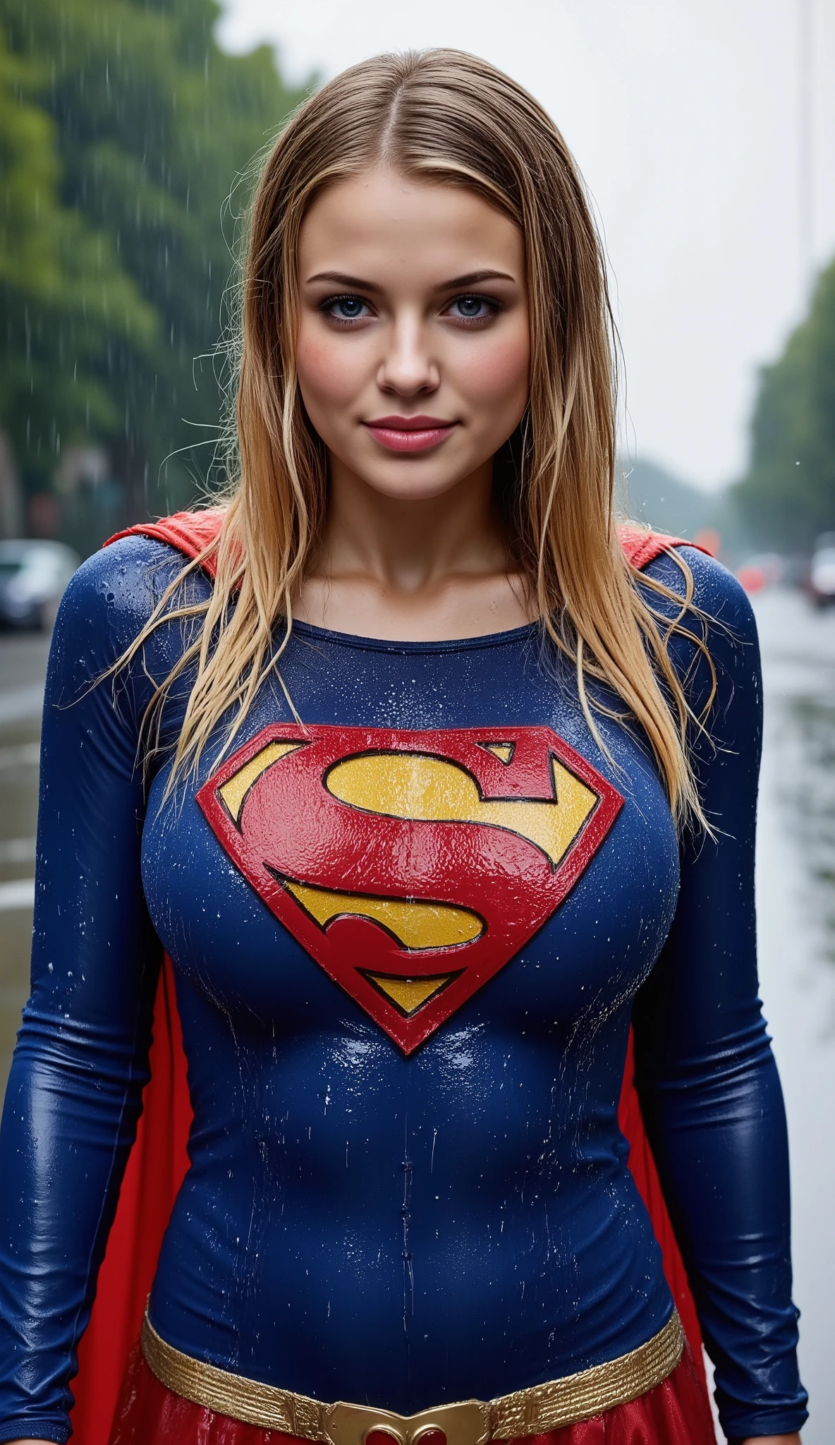 A BLUE EYED, A VERY MATURE YOUNG CUTE BLONDE SCHOOL GIRL WEARING A SUPERGIRL COSTUME AND CAPE. SOAKING WET FROM THE RAIN OUTSIDE WALKING. COMPLETELY SOAKED AND WET.4K, 8KHAIR AND CLOTHESB AND CAPE DRENCHED IN RAIN. 4K RAIN, 4K WATER BEADS, 4K HIGH RESOLUTION, SHARP CRYSTAL CLEAR IMAGE, PROUDLY WEARING THE 'S" EMBLEM.